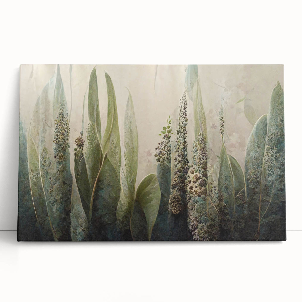 Abstract floral wall art on stretched canvas, featuring vibrant colors and intricate designs, leaning against a neutral wall, adding an artistic touch to any space.
