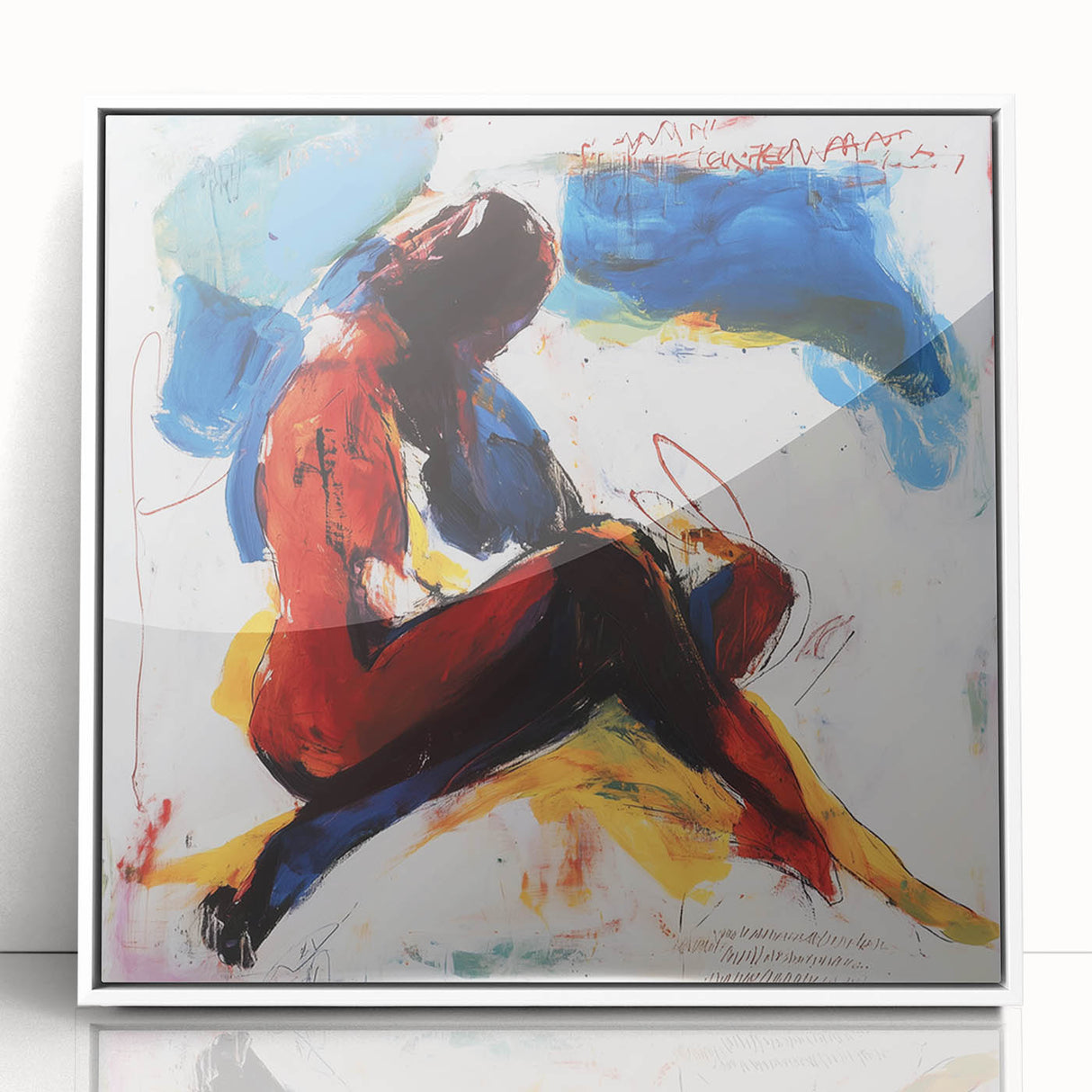 Abstract figurative wall art framed in white acrylic, showcasing vibrant colors and dynamic shapes, ideal for modern home decor or artistic spaces.