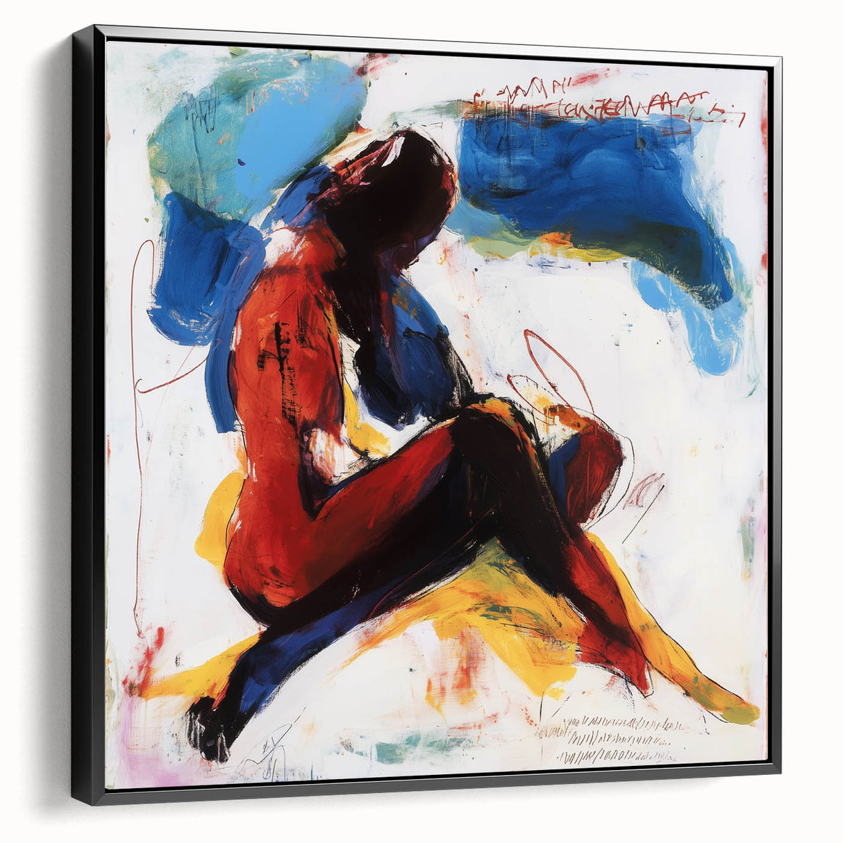 Framed abstract figurative canvas art showcasing a dynamic black design, presented in a sleek frame, perfect for modern home decor or gallery displays.