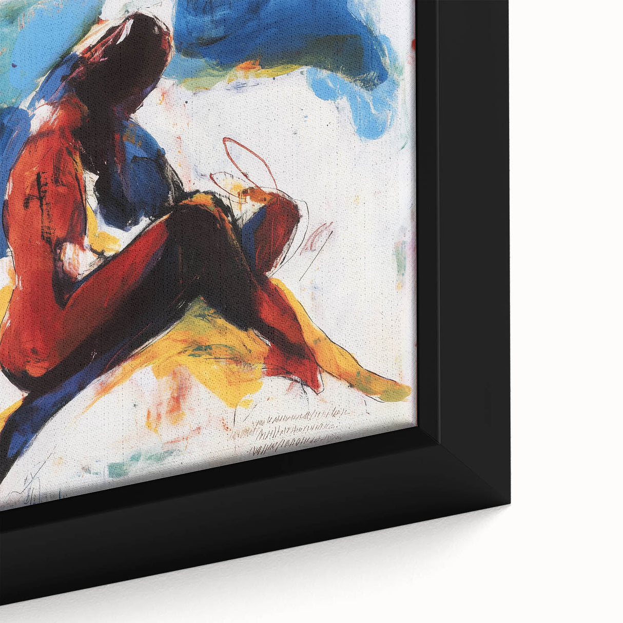 Close-up of an abstract figurative framed canvas artwork showcasing vibrant colors and intricate patterns, perfect for modern home decor and artistic expression.