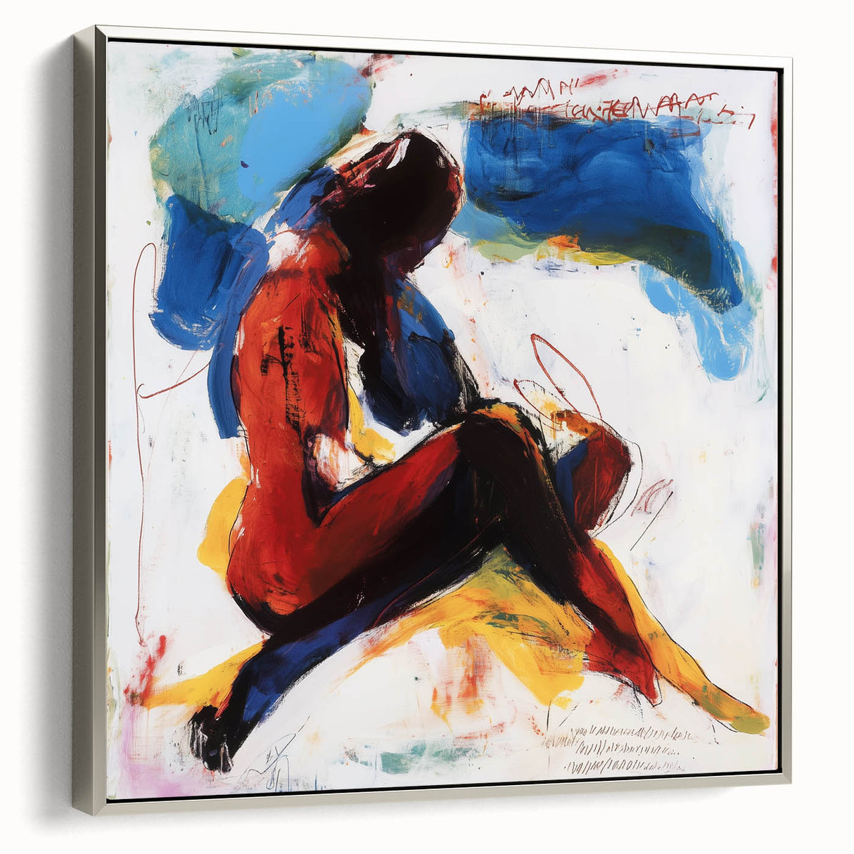 Framed abstract figurative canvas artwork with a silver frame, showcasing vibrant colors and dynamic shapes, ideal for modern home decor or gallery display.