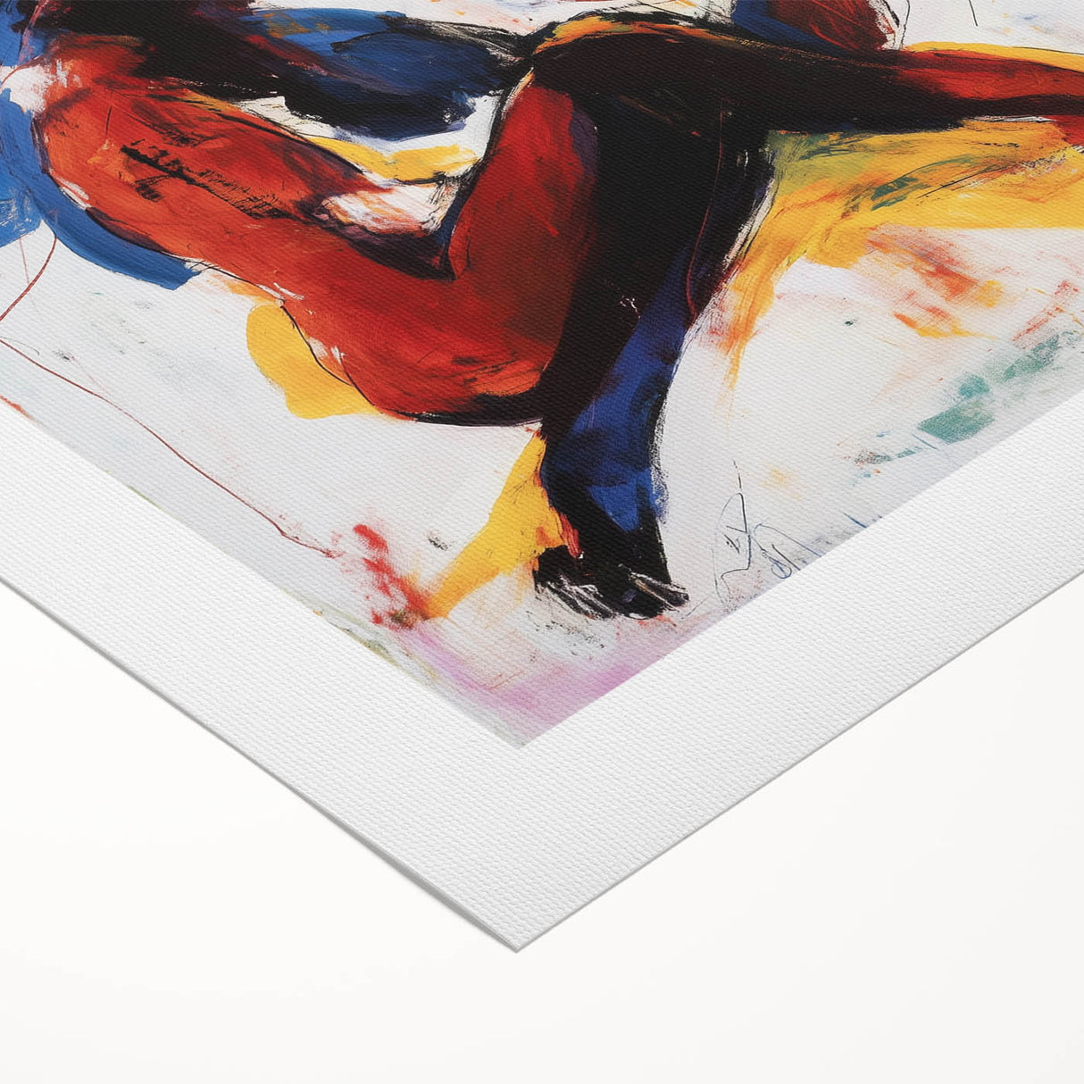 Abstract figurative artwork on rolled canvas showcasing vibrant colors and dynamic shapes, presented in eco-friendly packaging for stylish home decor.
