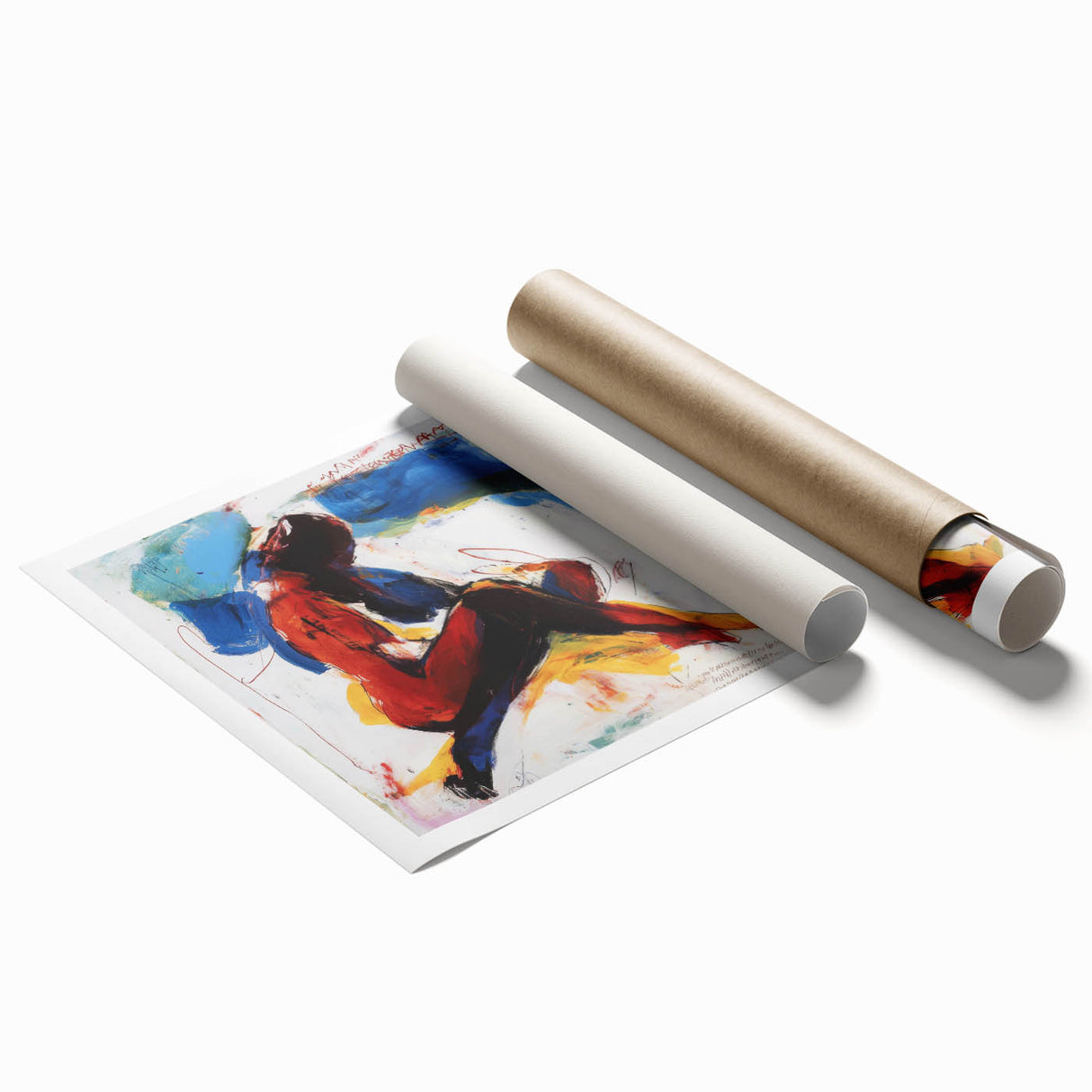Abstract figurative rolled print showcasing vibrant colors and dynamic shapes, ideal for modern home decor. Packaged securely in a protective cardboard tube for easy shipping.
