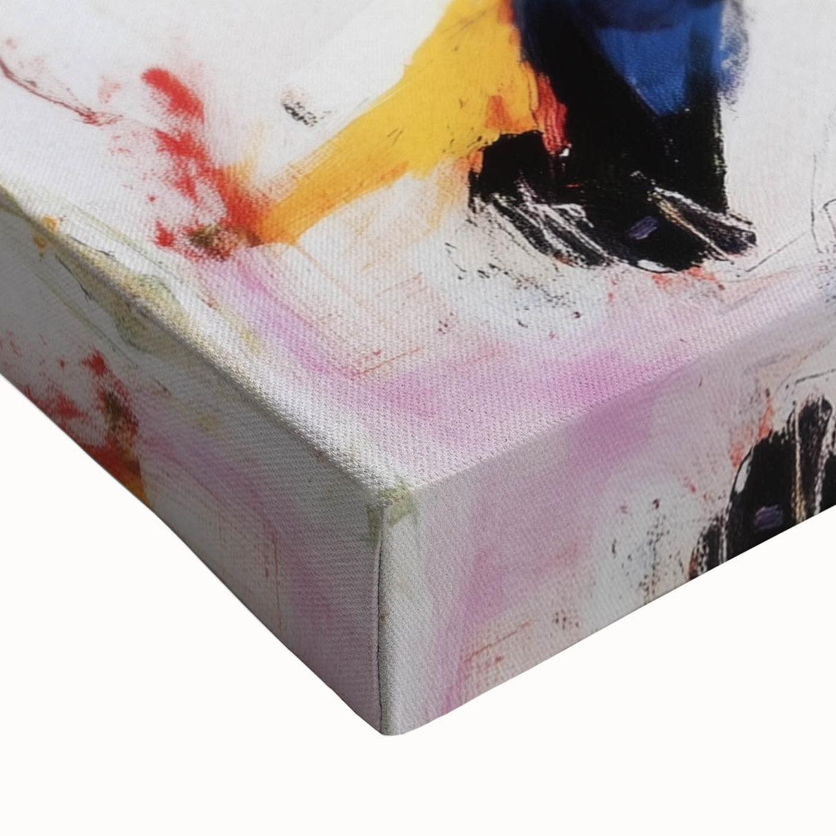 Close-up of an abstract figurative stretched canvas artwork showcasing vibrant colors and intricate details, perfect for modern home decor and artistic expression.