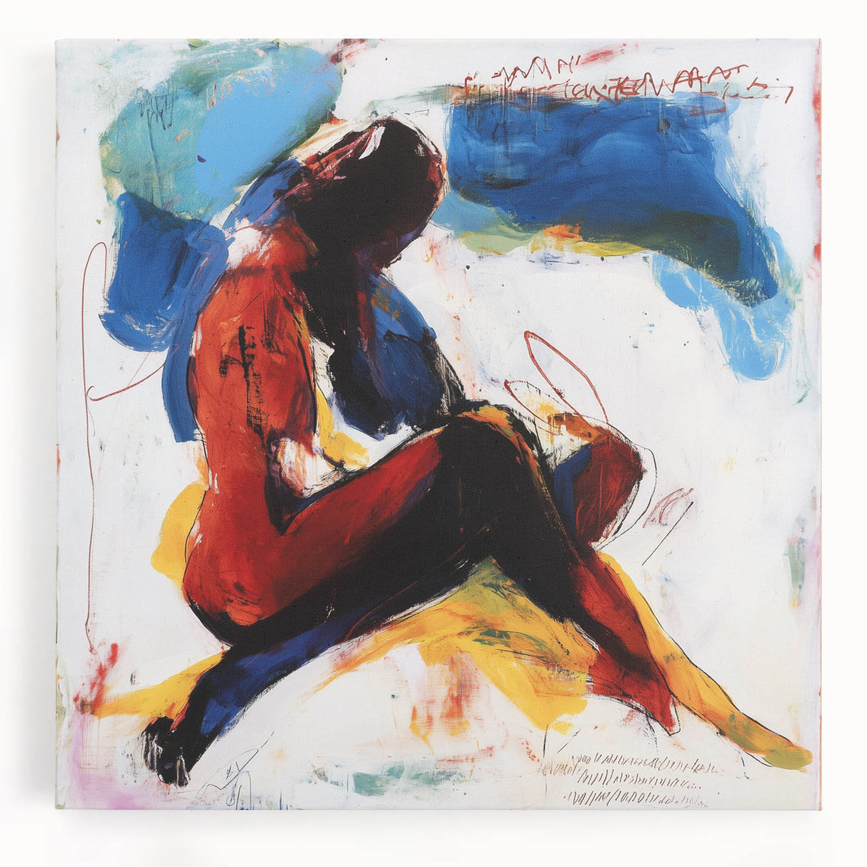 Abstract figurative stretched canvas artwork showcasing vibrant colors and dynamic shapes, perfect for modern decor. Ideal for enhancing living spaces with artistic flair.