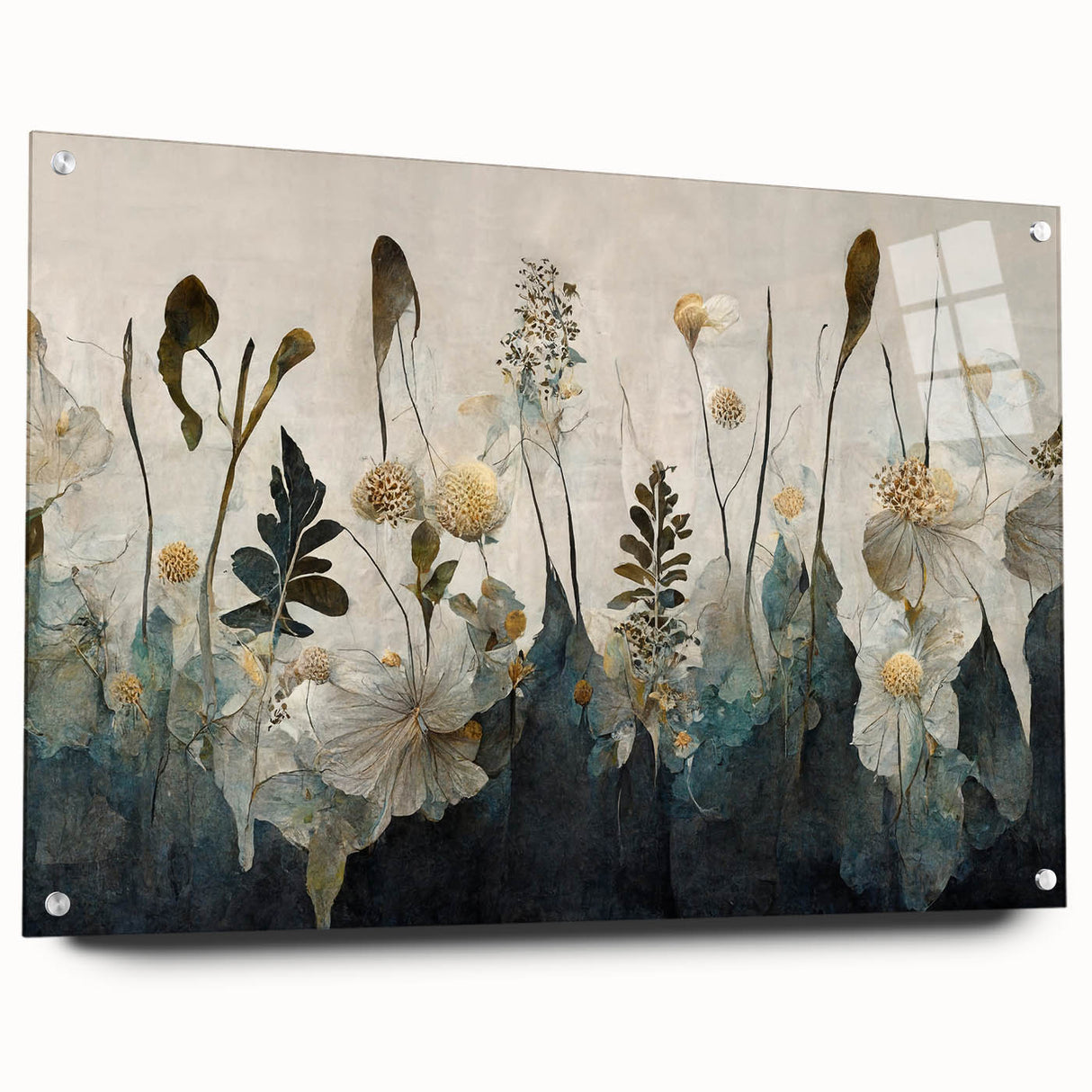 Abstract floral wall art design printed on acrylic glass, showcasing vibrant colors and intricate patterns, displayed with decorative pins against a neutral background.