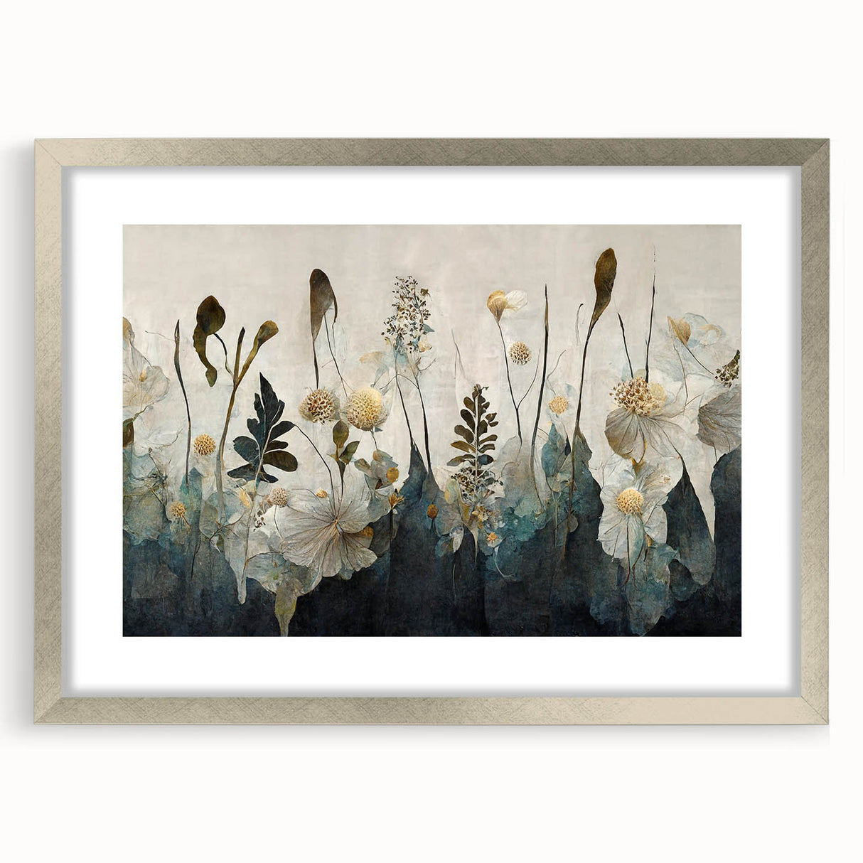 Abstract floral wall art print in a silver frame with a mat, showcasing vibrant colors and intricate designs, perfect for modern home decor.