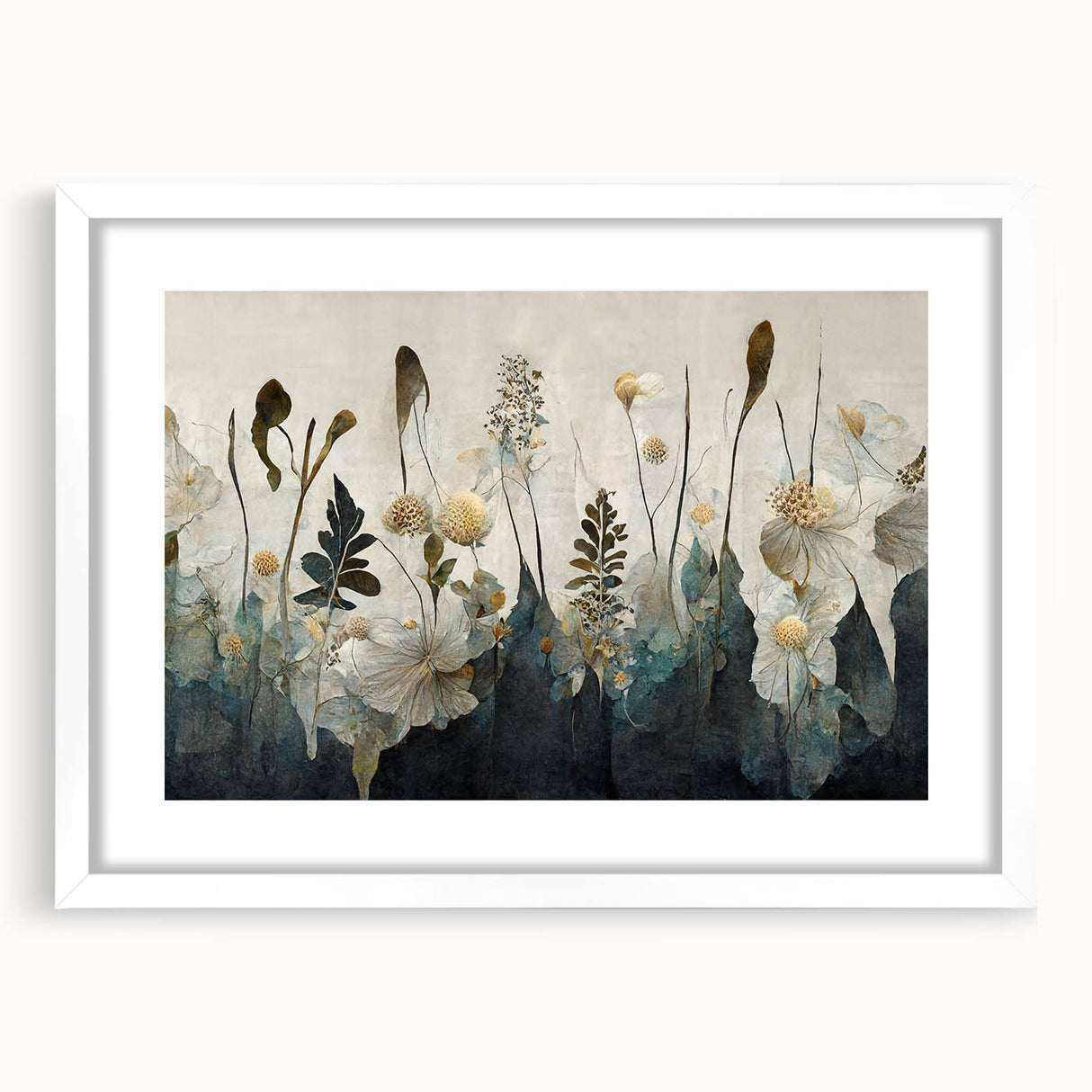Abstract floral wall art displayed in a white frame with a mat, showcasing vibrant colors and intricate designs, perfect for enhancing modern home decor.