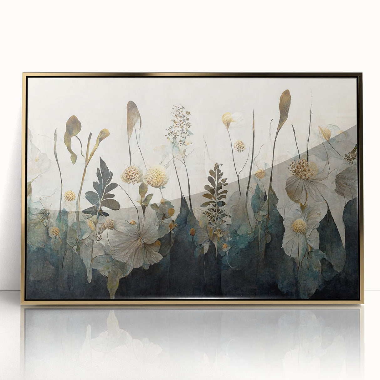 Framed abstract floral wall art in vibrant colors, featuring gold accents and a modern design, perfect for enhancing contemporary home decor.