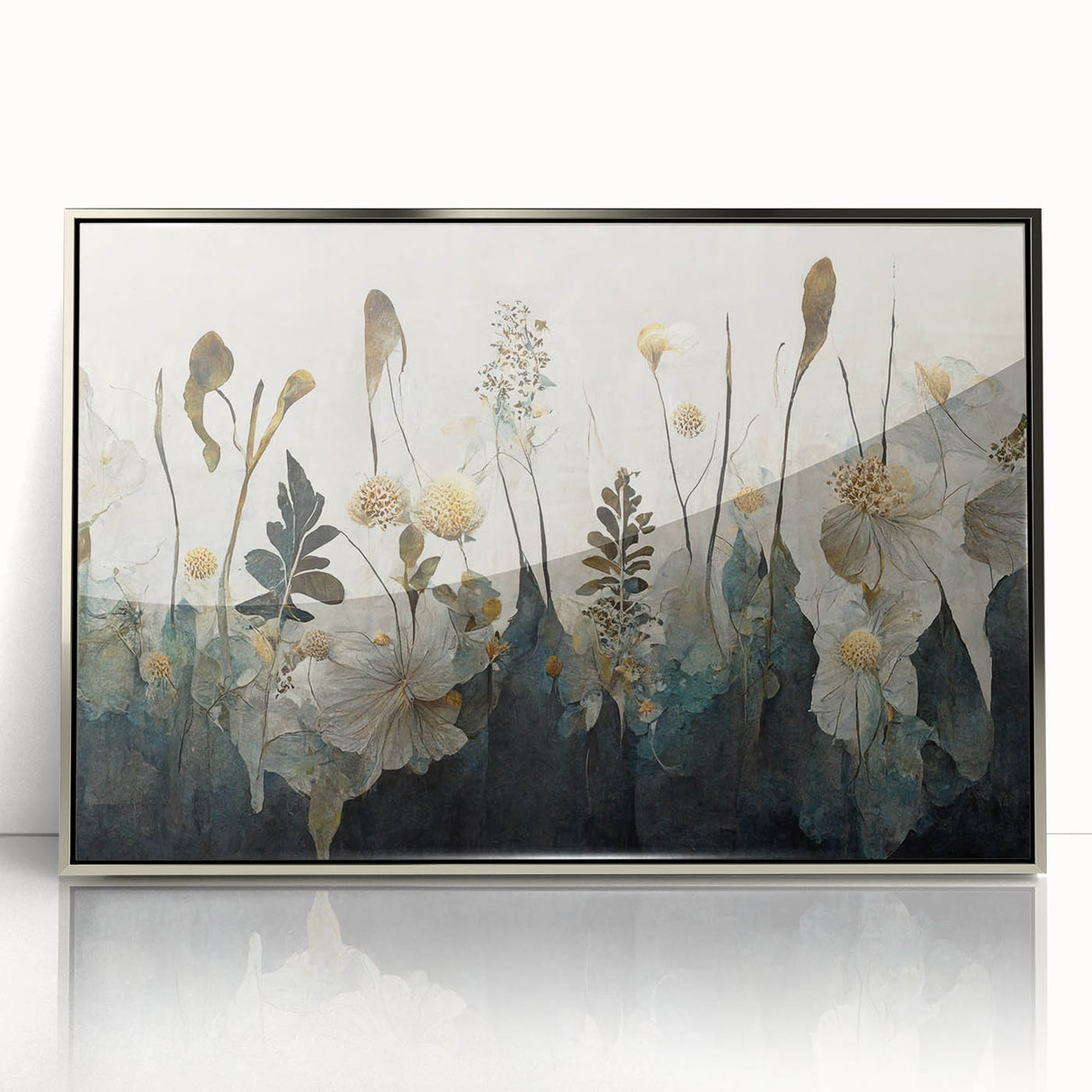 Framed abstract floral wall art in silver acrylic, showcasing vibrant colors and intricate designs, perfect for modern home decor and enhancing interior aesthetics.