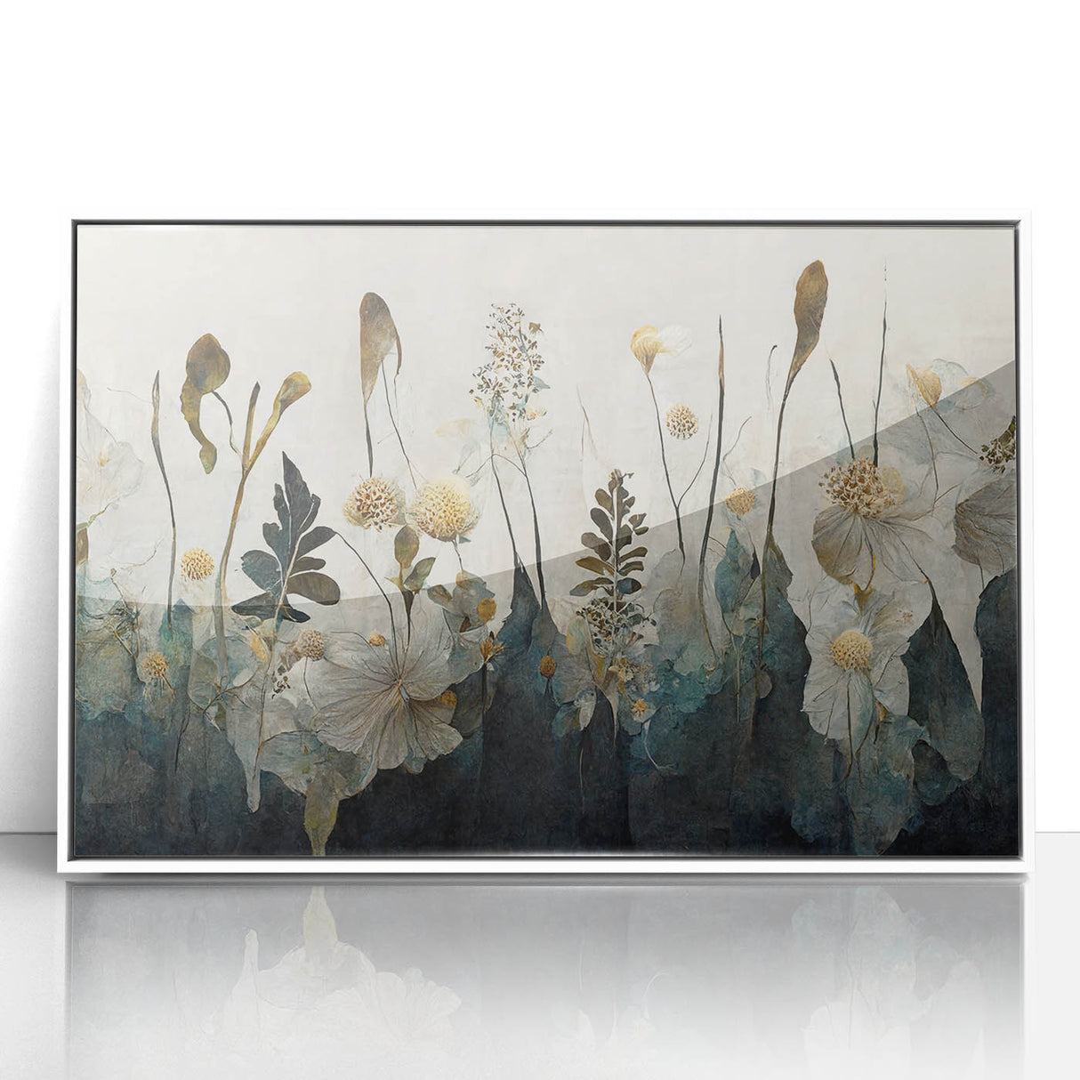 Framed abstract floral wall art featuring vibrant colors and intricate designs, set in a sleek white frame, perfect for modern home decor or office spaces.