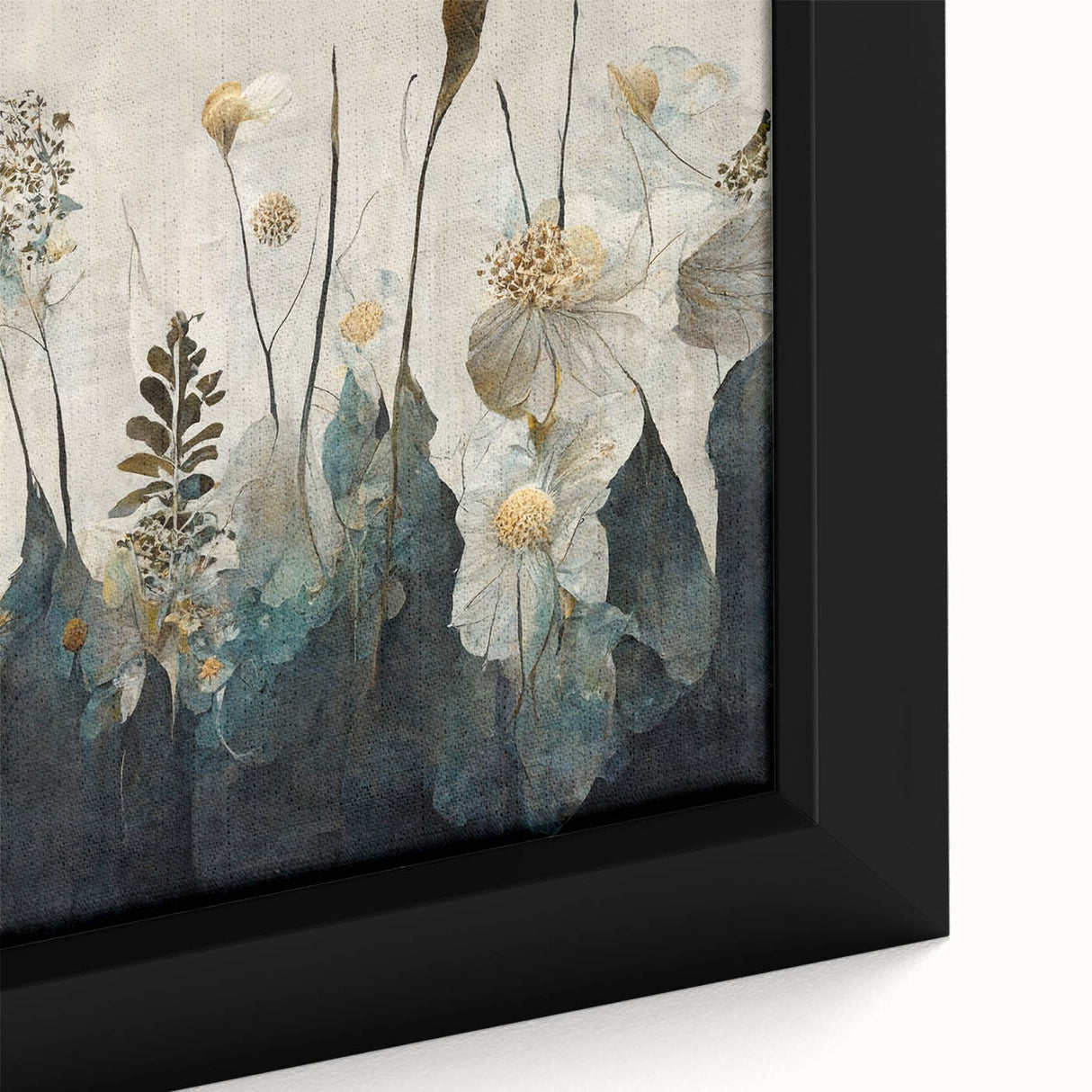 Close-up of a framed canvas featuring vibrant abstract florals, showcasing intricate details and rich colors, perfect for modern home decor or art enthusiasts.