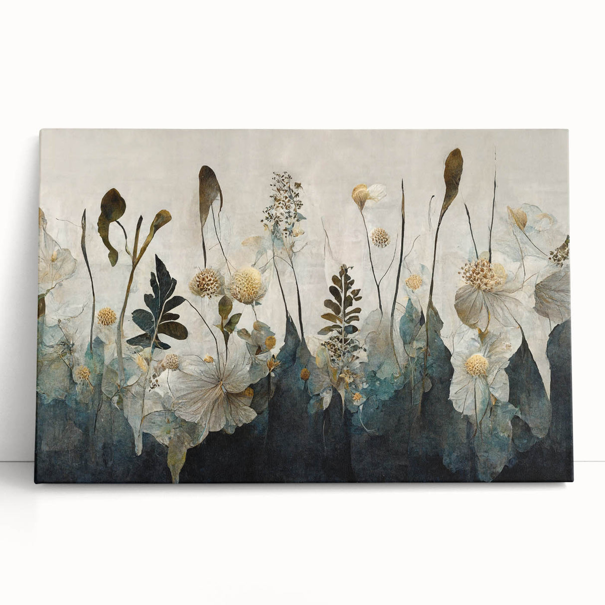 Abstract floral wall art on stretched canvas, showcasing vibrant colors and intricate designs, leaning against a neutral wall, perfect for modern home decor.