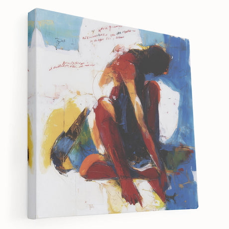 Abstract figurative stretched canvas artwork showcasing vibrant colors and dynamic shapes, displayed in a side view to highlight its depth and texture. Ideal for modern decor.