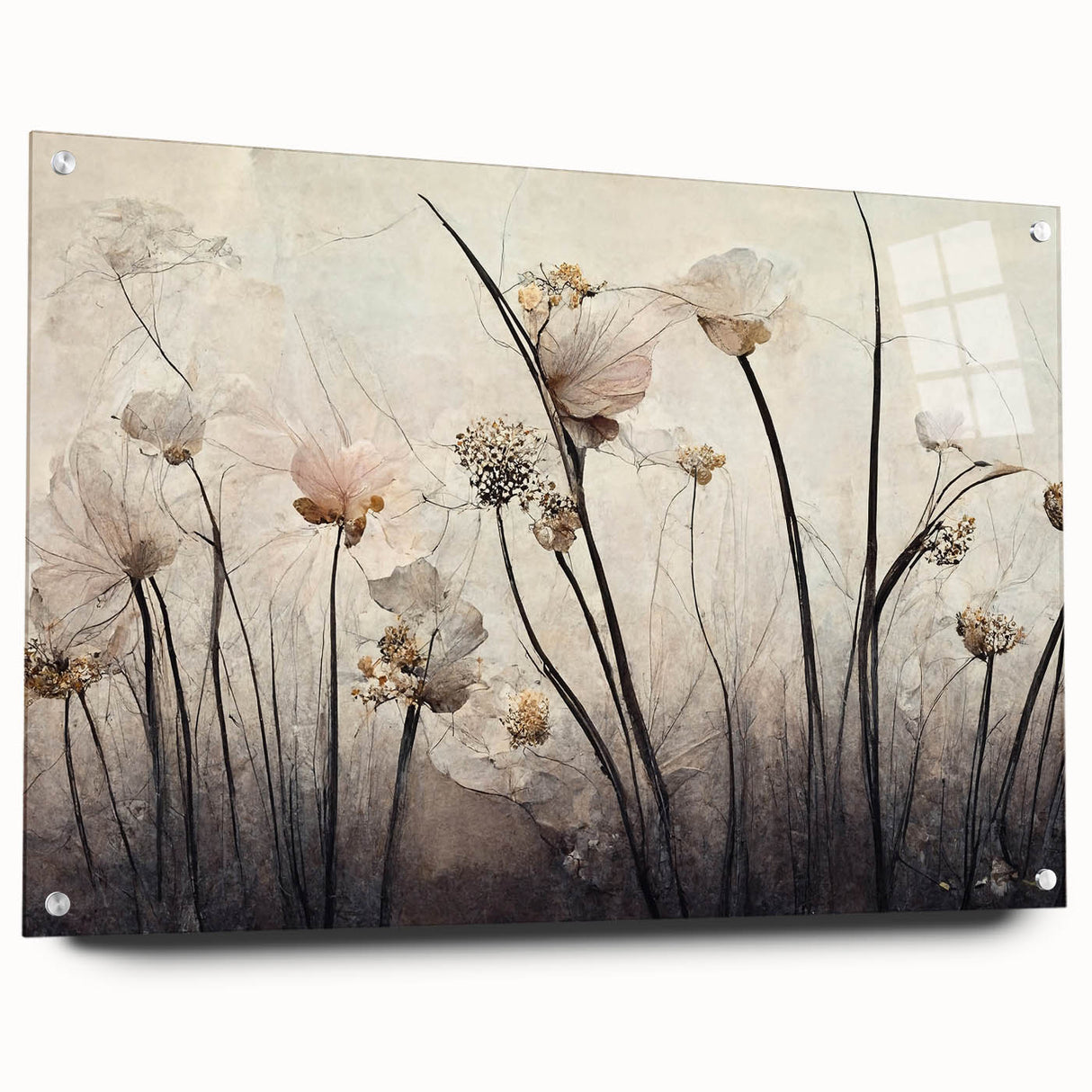 Abstract floral wall art displayed in acrylic glass, showcasing vibrant colors and intricate designs, perfect for enhancing modern home decor. Side view highlights the sleek finish and pin attachments, emphasizing its artistic appeal.