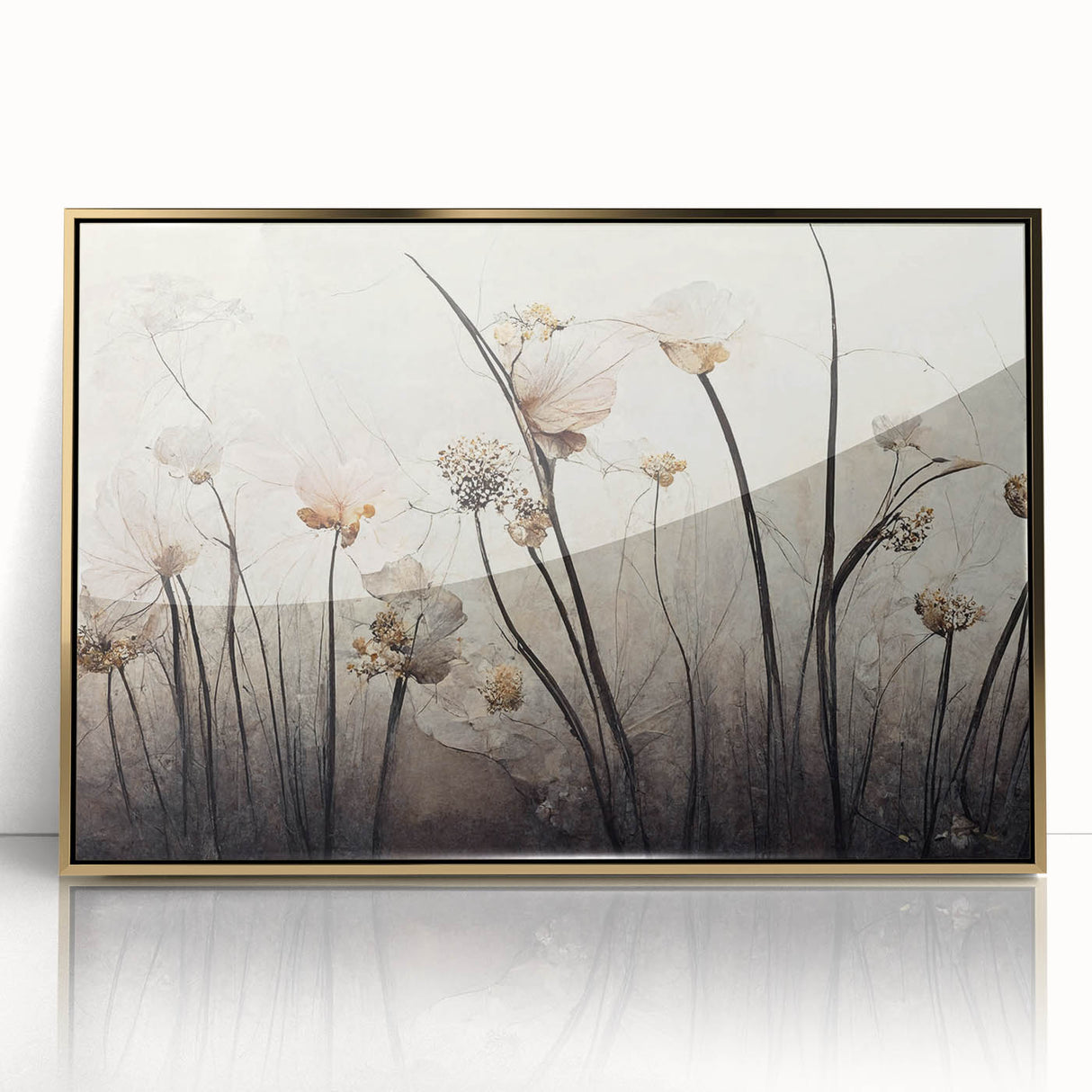 Framed abstract floral wall art featuring vibrant colors and intricate gold accents, perfect for modern home decor. Ideal centerpiece for living spaces or offices.