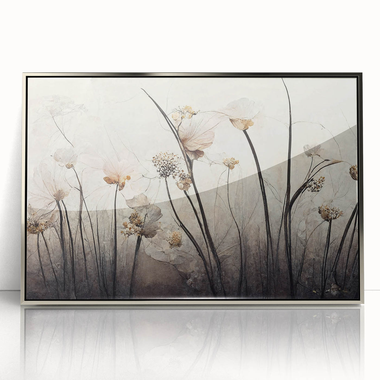 Framed wall art featuring an abstract floral design in vibrant colors, set against a sleek silver acrylic frame, ideal for modern home decor and stylish interiors.
