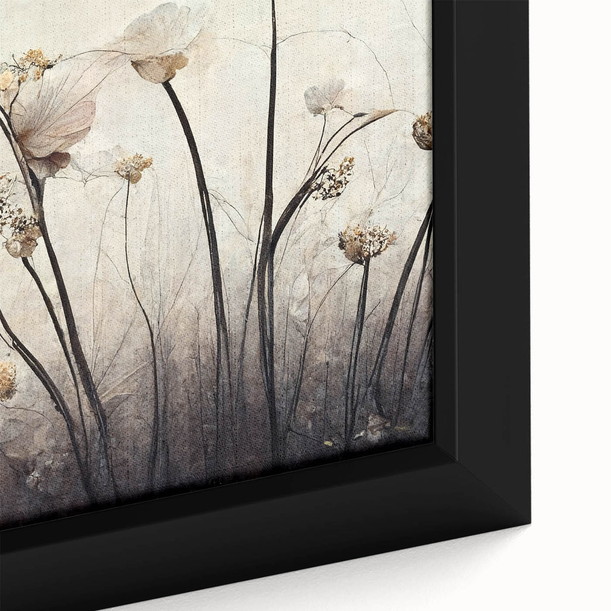 Close-up of framed abstract floral wall art featuring vibrant colors and intricate details, ideal for modern home decor to enhance interior aesthetics.