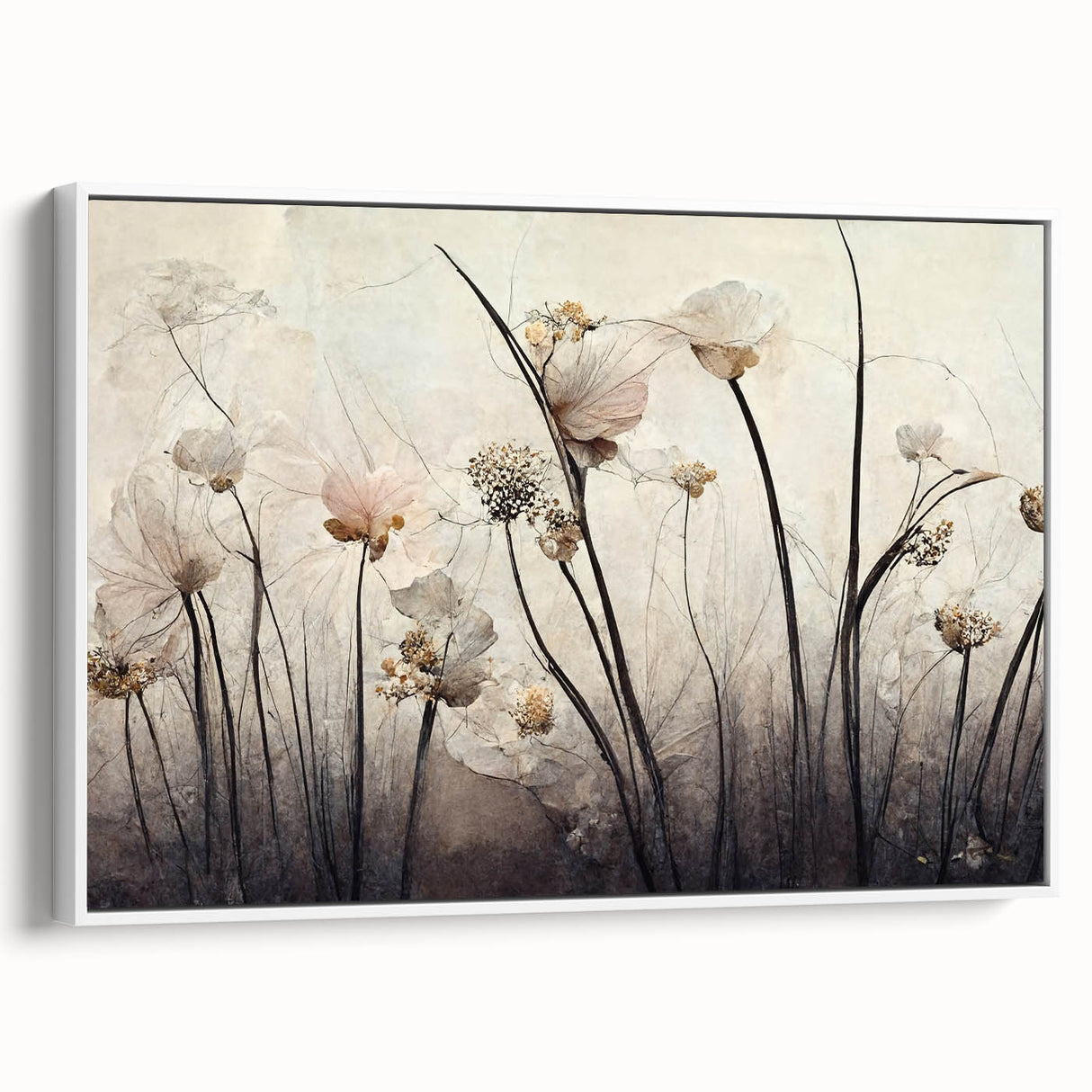 Framed abstract floral wall art in shades of white and pastel colors, showcasing a modern design that enhances any interior decor. Ideal for living rooms or offices.