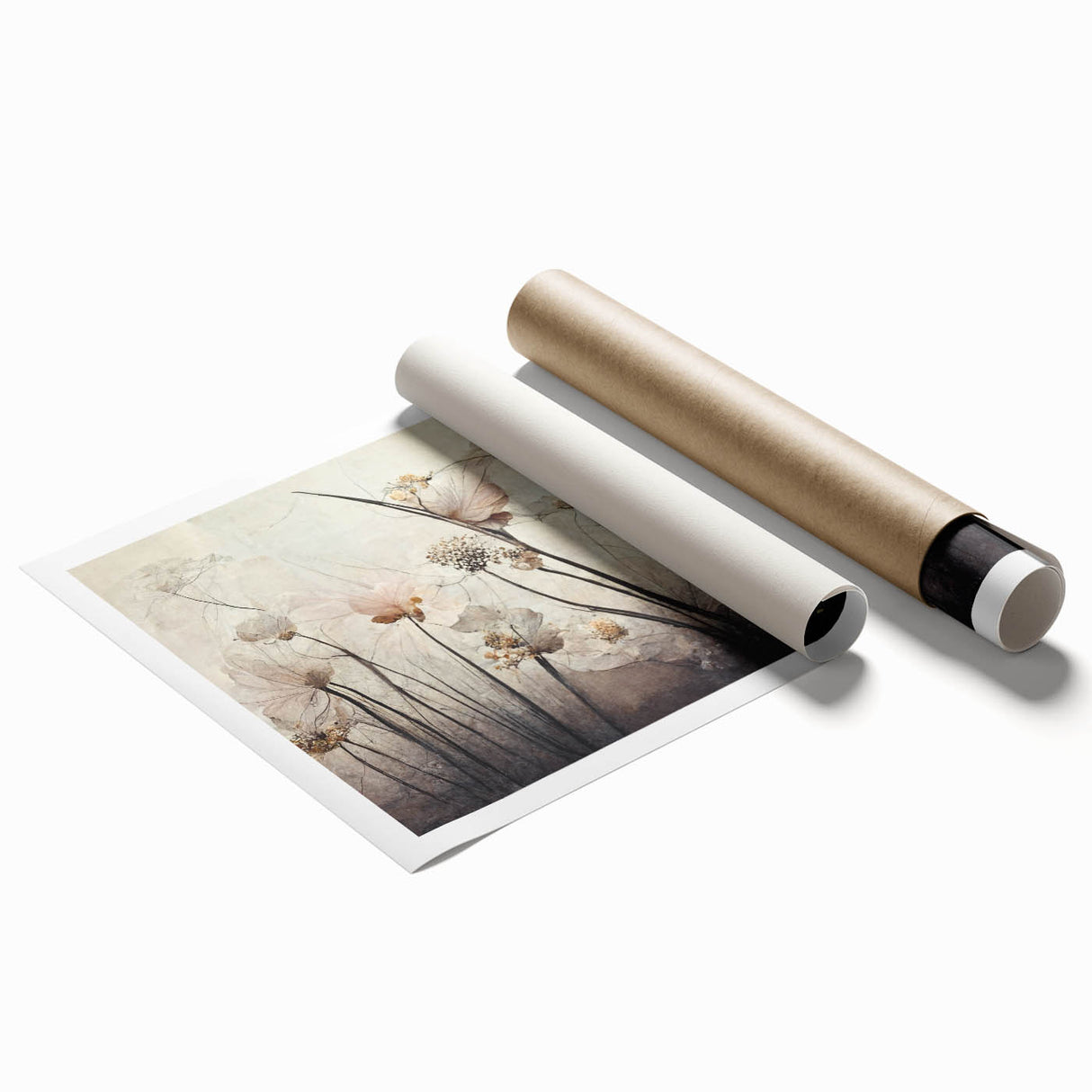 Abstract floral wall art print showcasing vibrant colors and intricate patterns, elegantly rolled and protected in a sturdy cardboard tube for shipping. Ideal for modern decor.