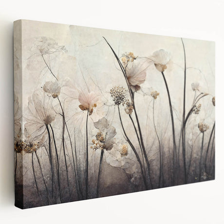 Abstract floral wall art on stretched canvas showcasing vibrant colors in a contemporary design. Side view highlights the textured surface and frame depth, perfect for modern decor.