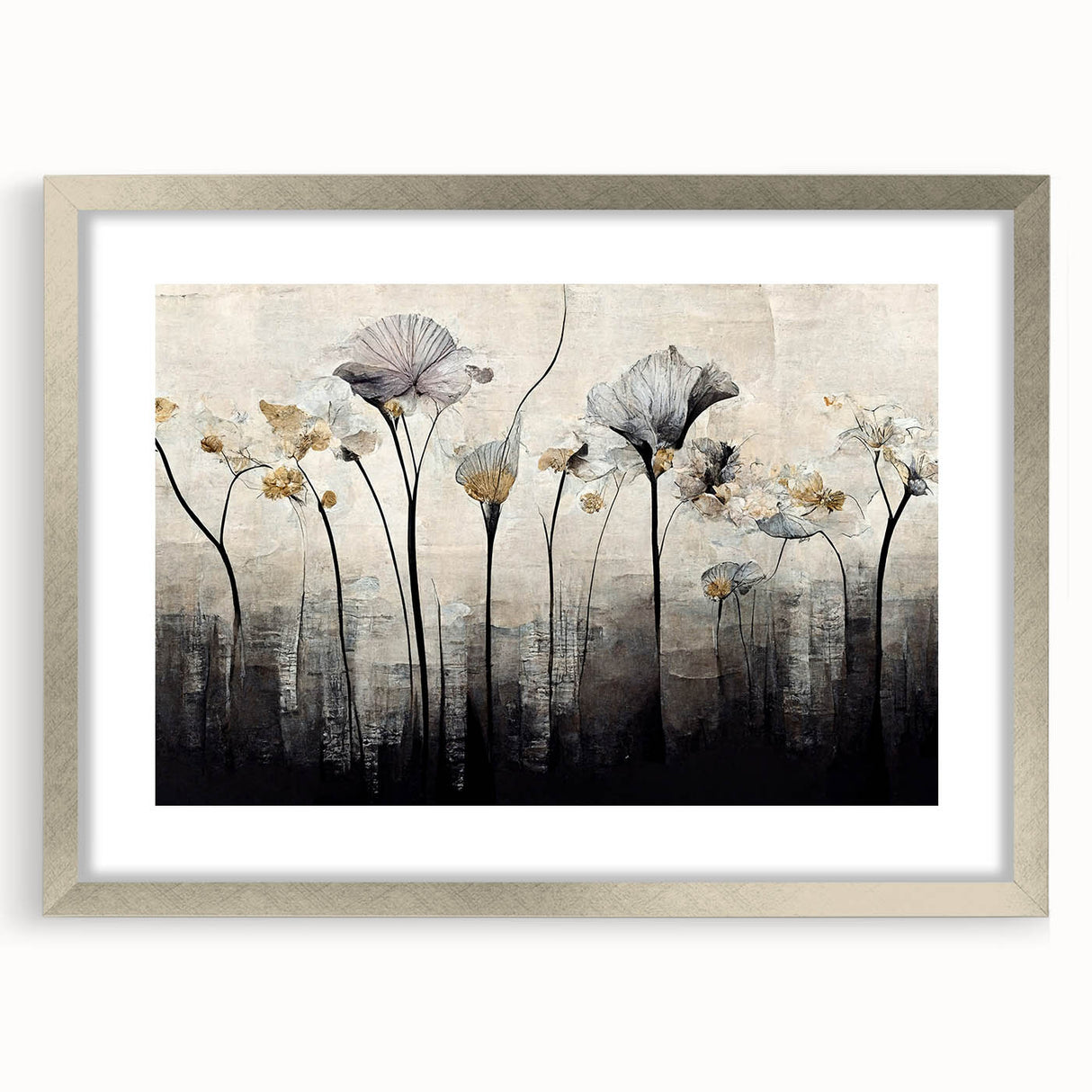 Abstract floral wall art in a sleek silver frame with a mat, showcasing vibrant colors and intricate designs, perfect for modern home decor.