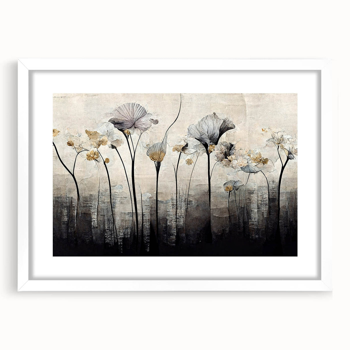 Abstract floral wall art framed in white, showcasing vibrant colors and intricate designs, perfect for modern home decor, adding a touch of elegance to any space.