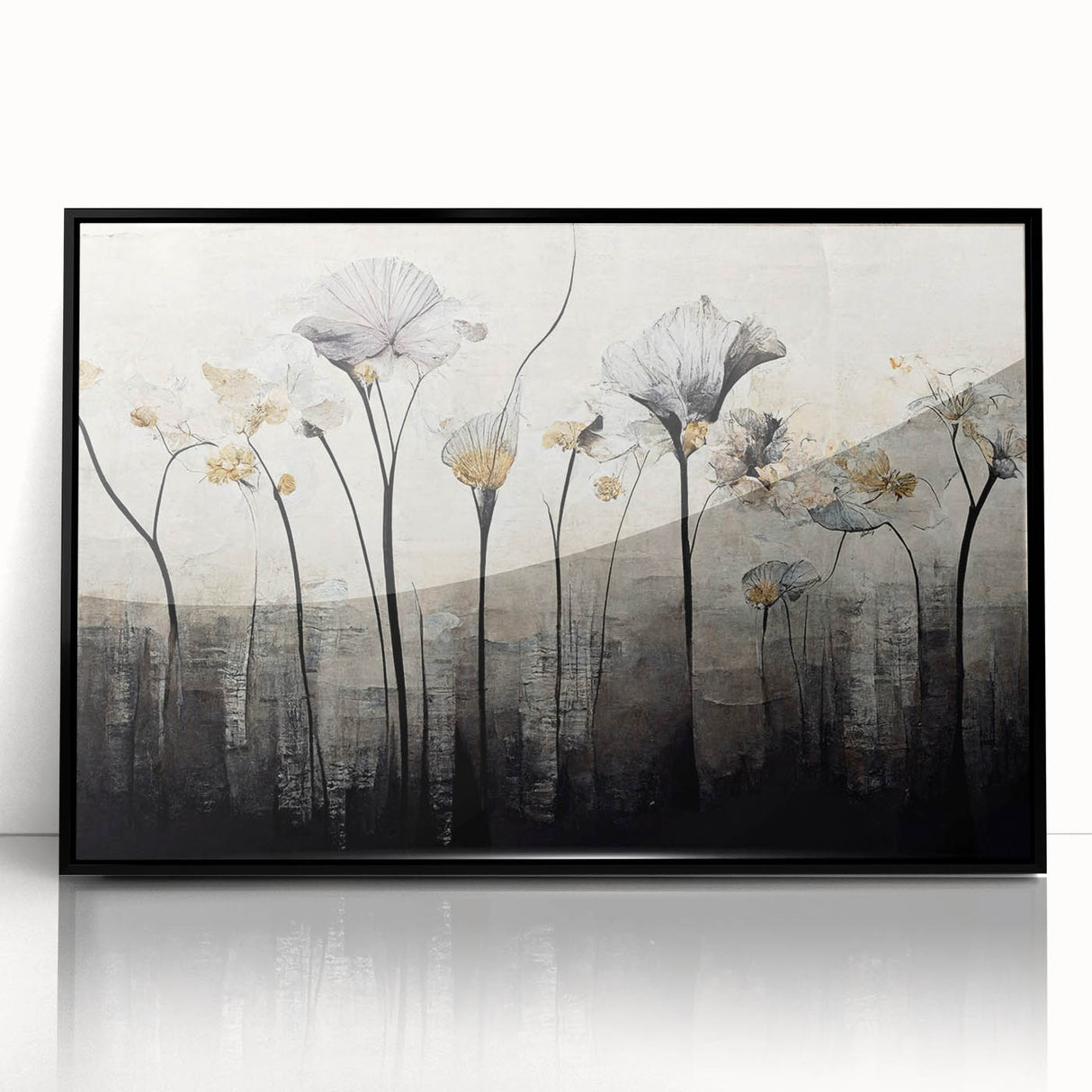 Framed abstract floral wall art featuring vibrant colors and intricate designs, displayed in a sleek black frame, perfect for modern home decor. This stylish piece adds elegance and a contemporary touch to any living space or gallery wall.