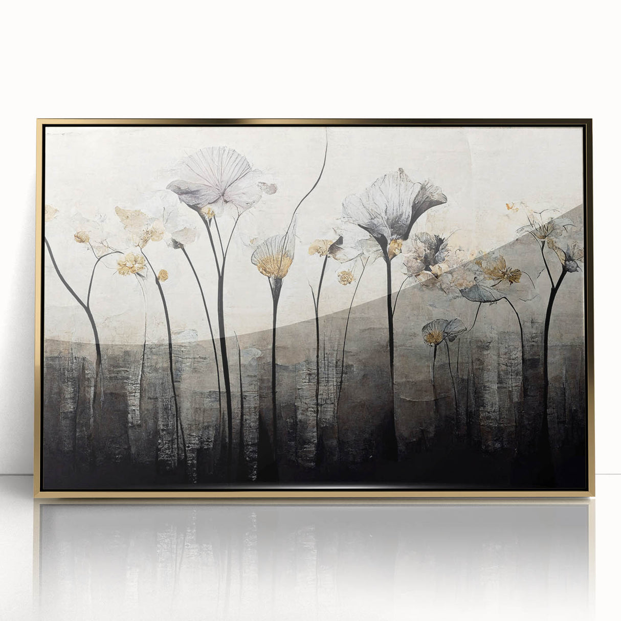 Framed abstract floral wall art with gold accents, showcasing vibrant colors and intricate designs, perfect for modern home decor and enhancing living spaces.