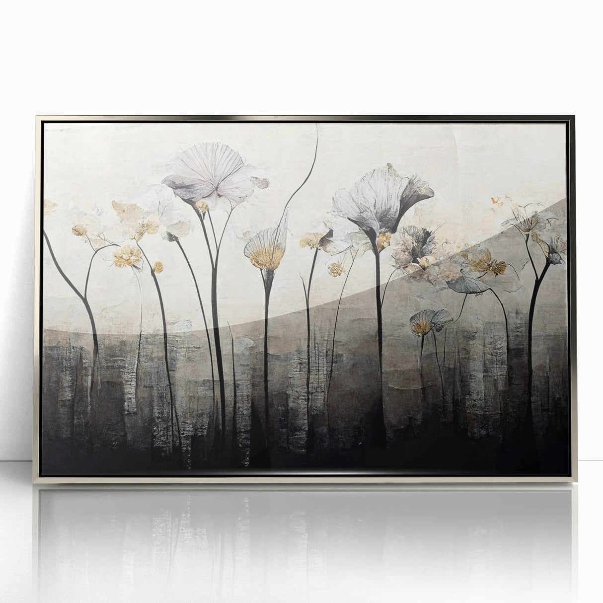 Framed wall art featuring abstract floral designs in vibrant colors with a sleek silver frame, ideal for modern home decor and enhancing interior aesthetics.