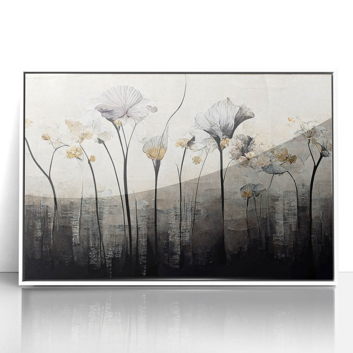 Framed abstract floral wall art in a sleek white frame, showcasing vibrant colors and intricate designs, ideal for modern home decor. Perfect for adding a touch of elegance to any room.