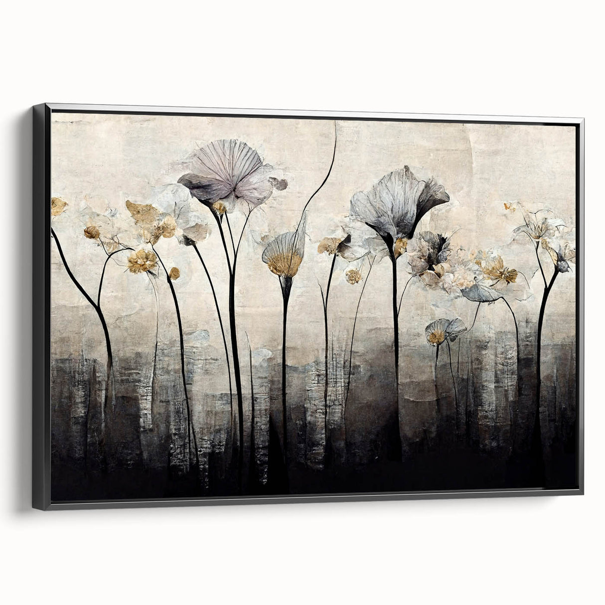 Framed abstract floral wall art with vibrant colors, featuring a black side view, ideal for modern home decor, adding elegance and sophistication to any space.