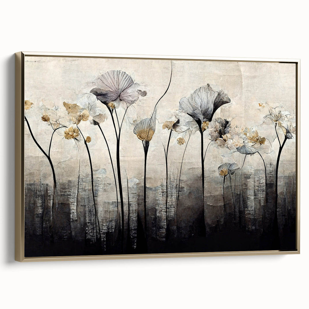 Framed abstract floral wall art on canvas in gold hues, showcasing elegant designs with a modern aesthetic, perfect for home decor enhancement.