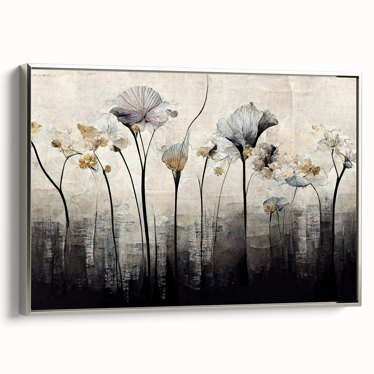 Framed wall art showcasing a captivating abstract floral design in vibrant colors, elegantly displayed with a sleek silver frame, ideal for modern home decor.