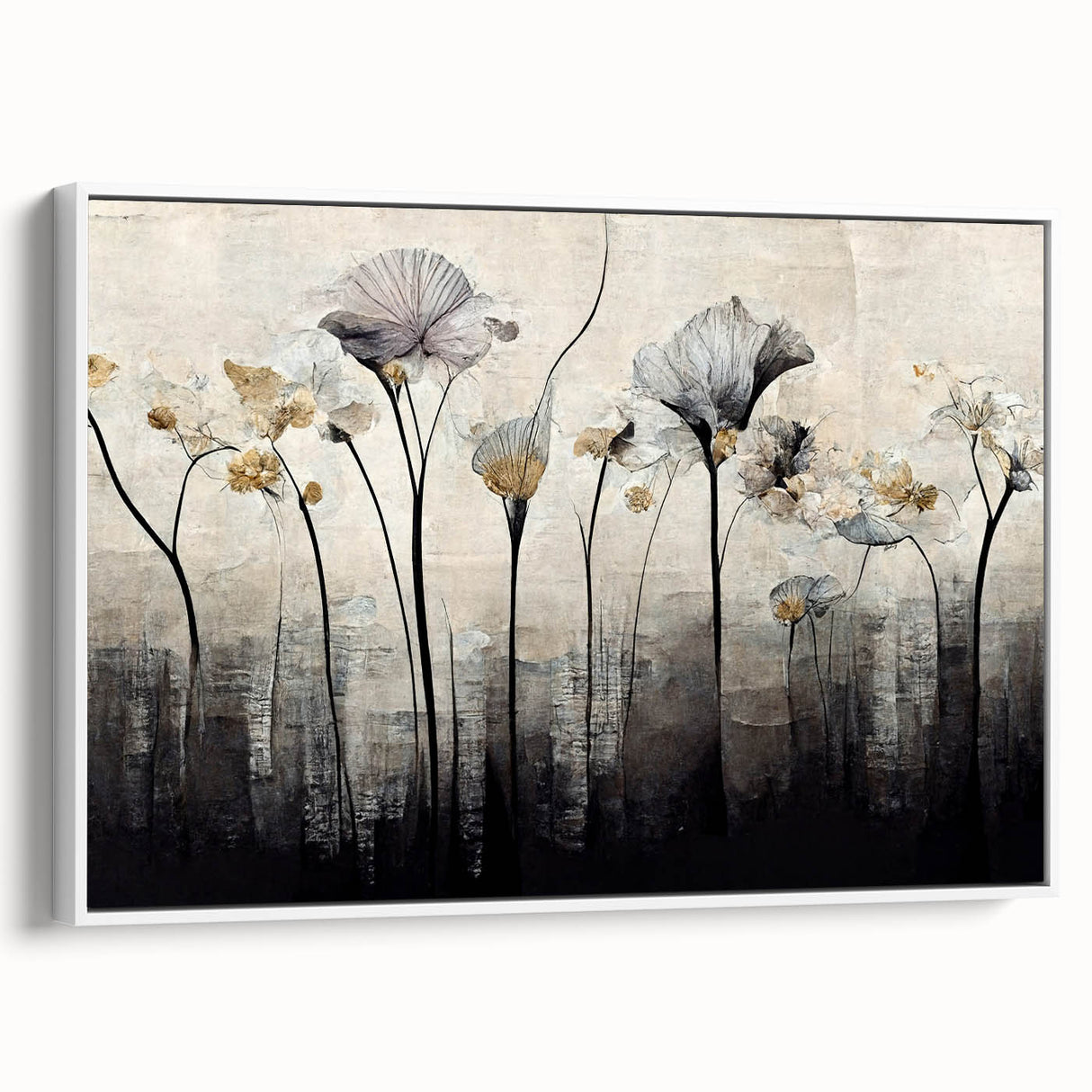 Framed canvas art displaying vibrant abstract floral patterns in soft pastel colors, showcasing a side view of the artwork ideal for modern home decor.
