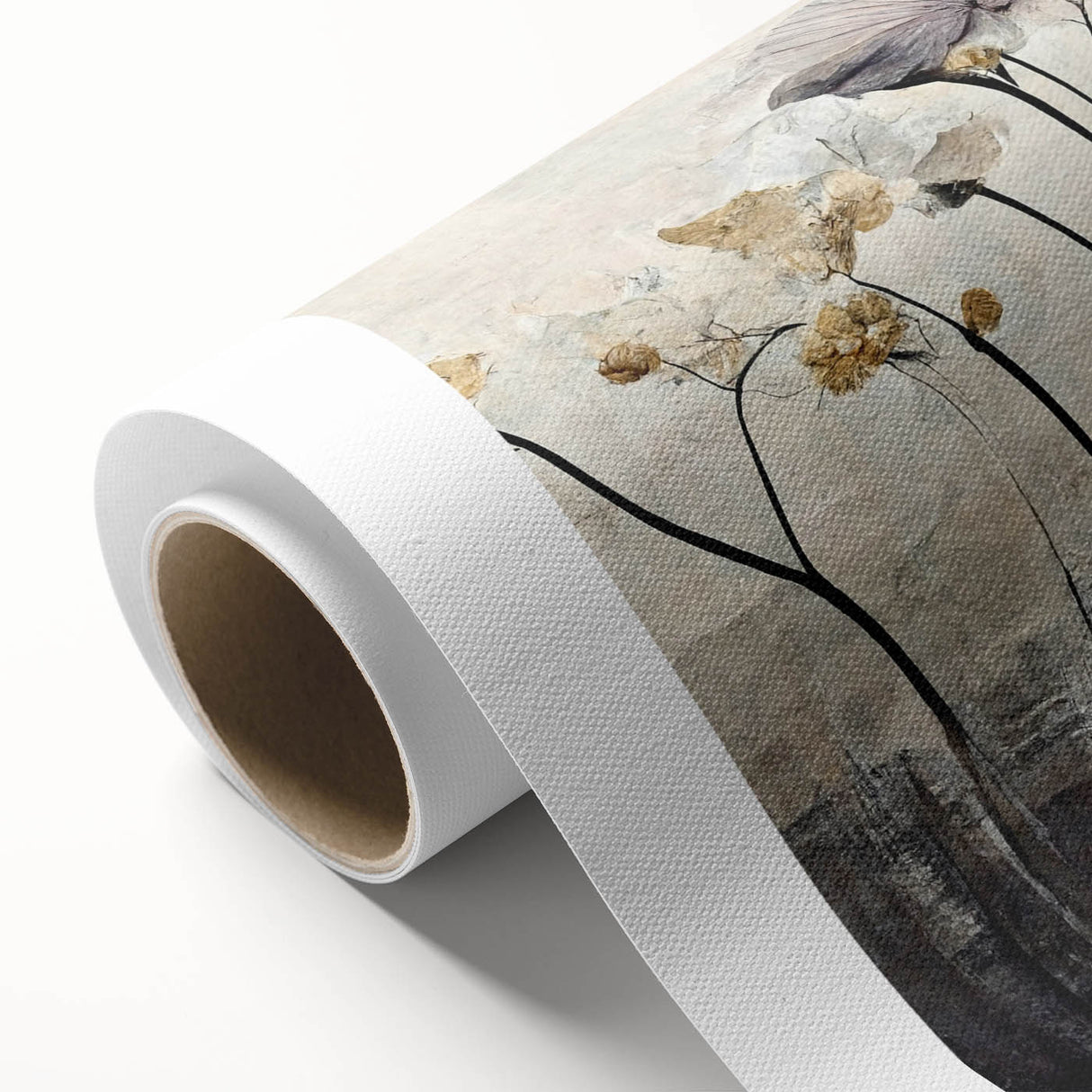 Abstract floral wall art design on rolled canvas, showcasing vibrant colors and intricate patterns, ideal for modern home decor. Packaged securely in a sturdy cardboard tube for safe delivery.