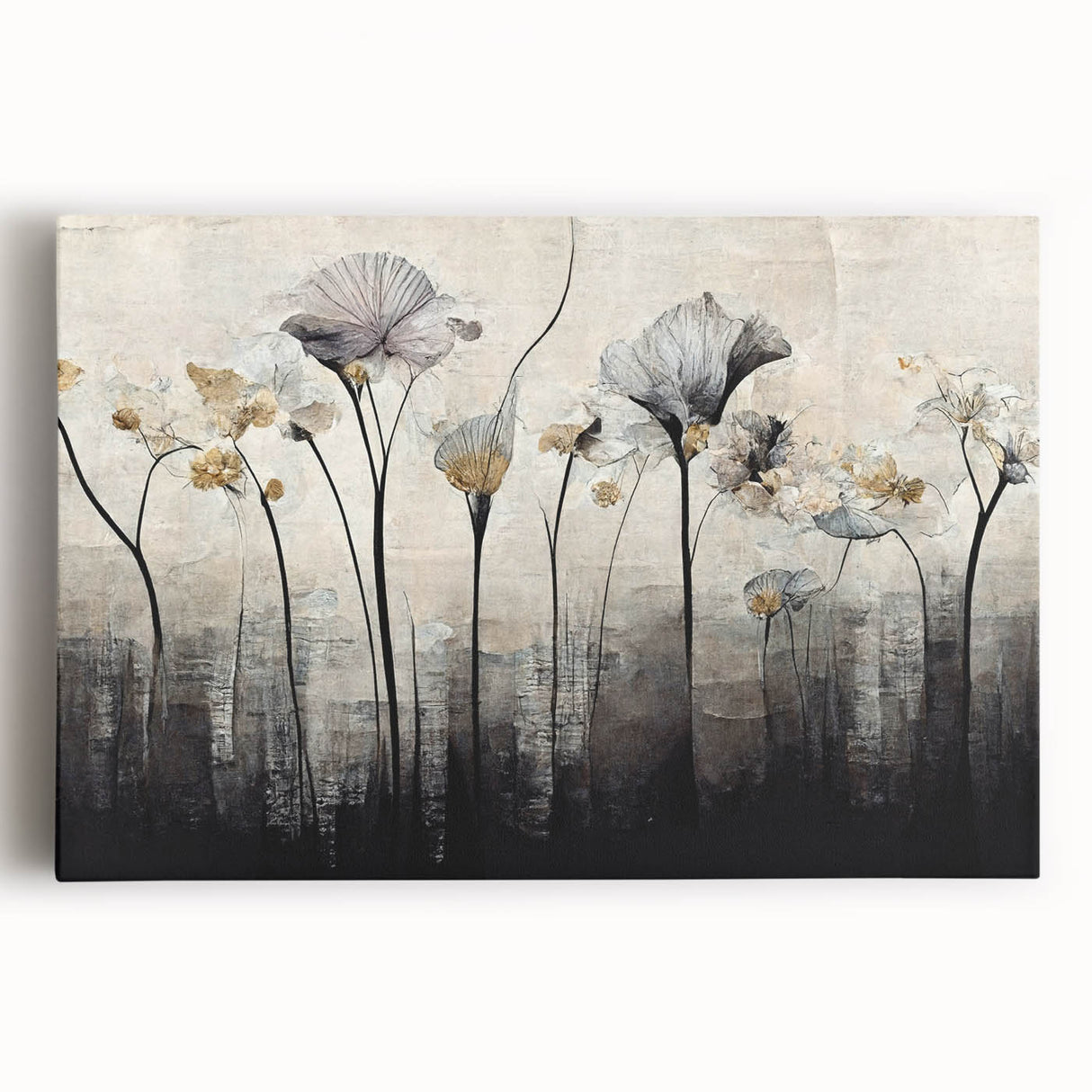Abstract floral wall art on stretched canvas, showcasing vibrant colors and intricate patterns. Ideal for modern home decor, adding a touch of elegance and creativity.