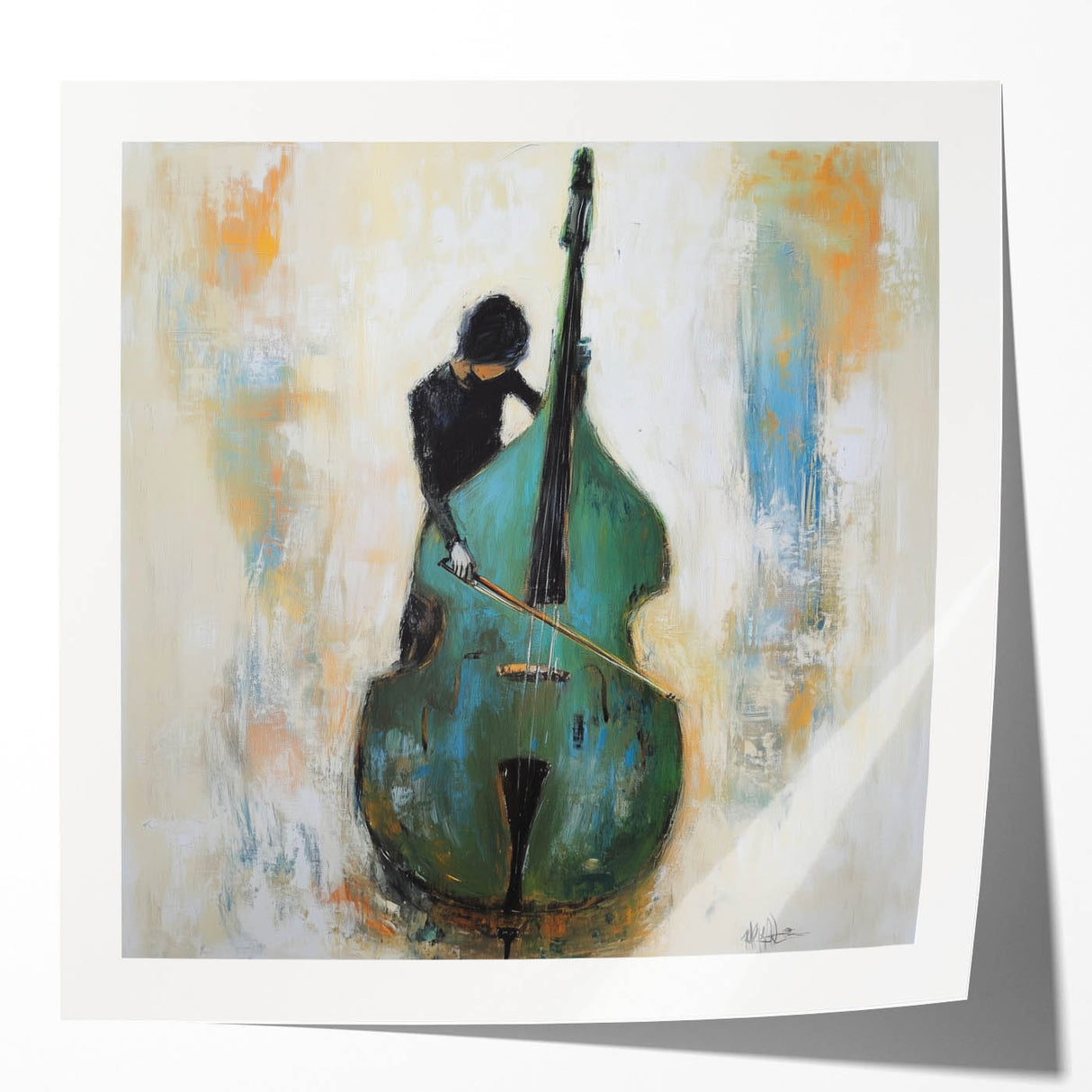 Abstract figurative art print showcasing vibrant colors and dynamic shapes, displayed in a glossy mockup setting, perfect for modern home decor.