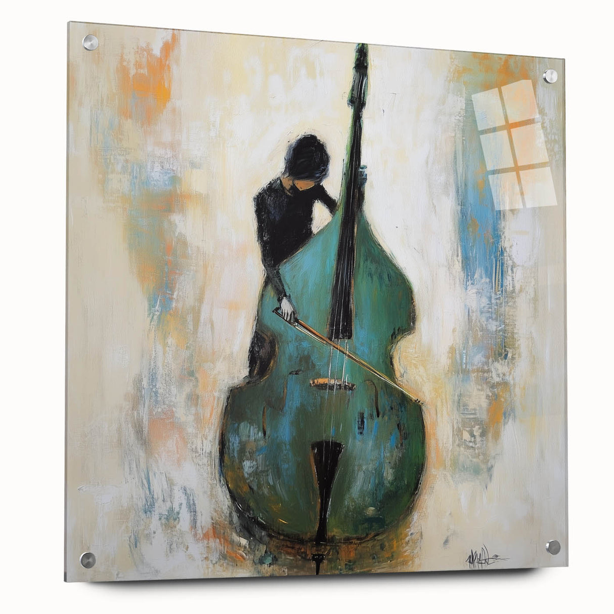 Abstract figurative acrylic artwork displayed in a glass frame, featuring vibrant colors and intricate pin details, perfect for modern home decor.