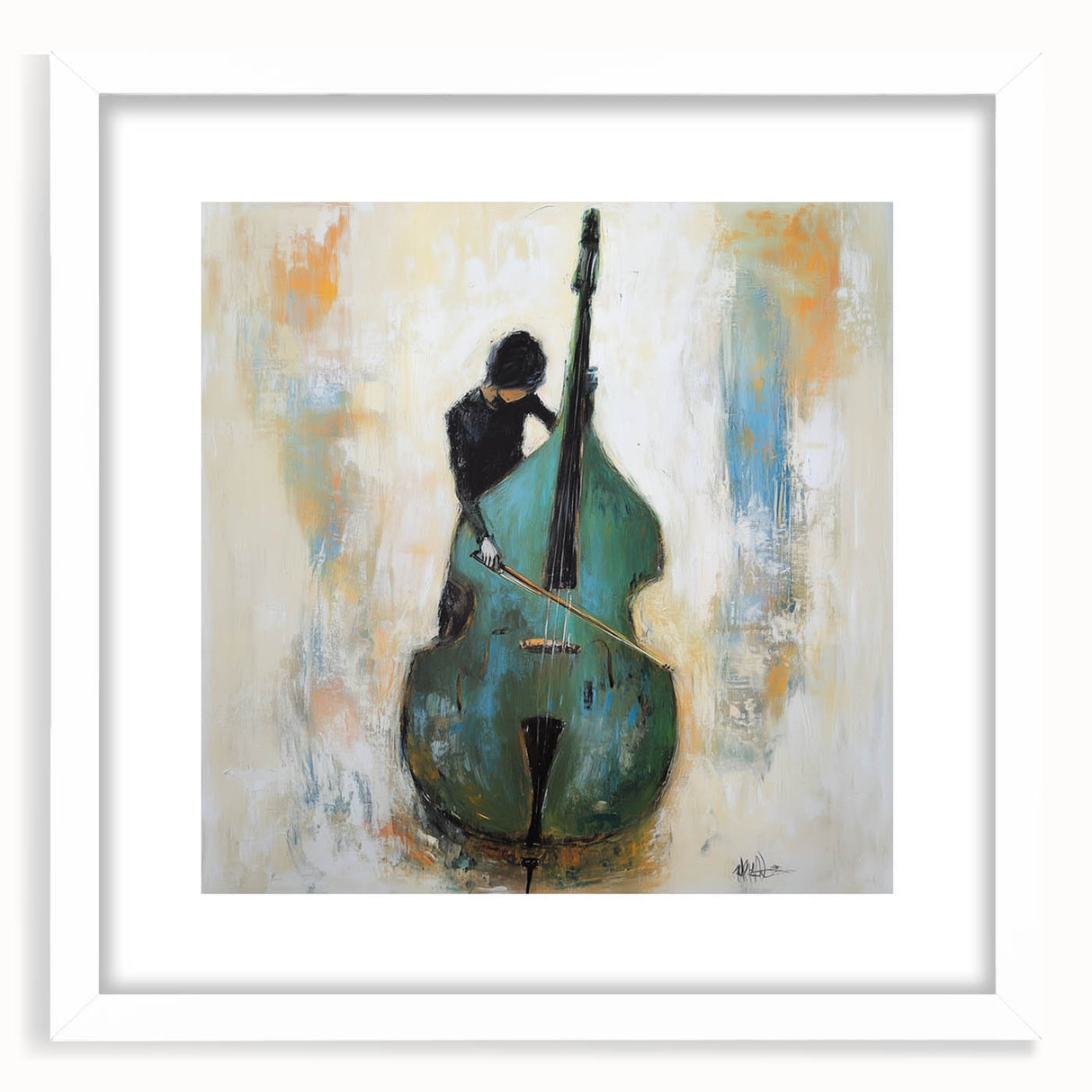 Abstract figurative frame with white mat, showcasing a modern art piece. The design features vibrant colors and dynamic shapes, perfect for contemporary decor.