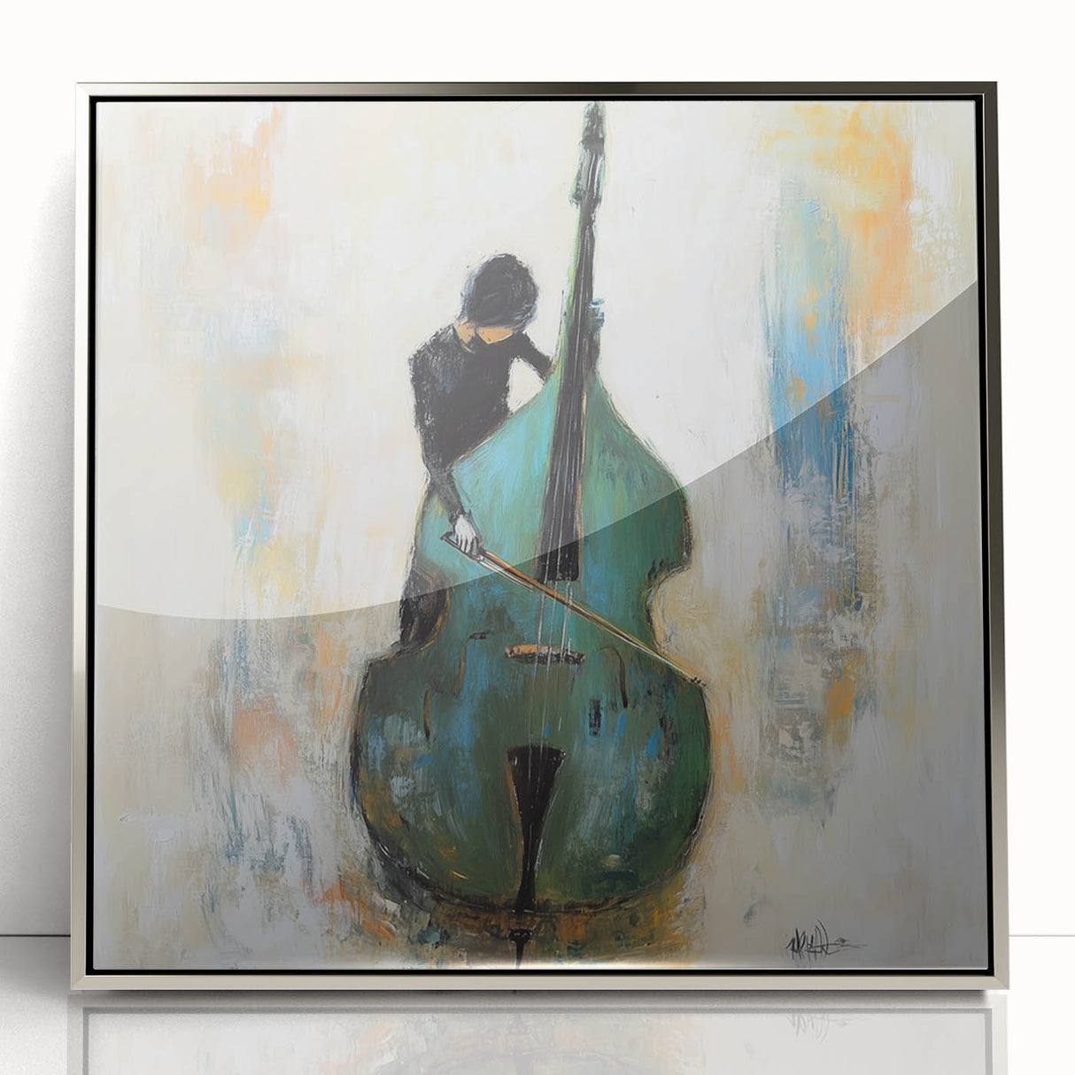 Framed abstract figurative artwork in silver acrylic, showcasing fluid shapes and vibrant colors, perfect for modern decor and artistic expression in contemporary spaces.