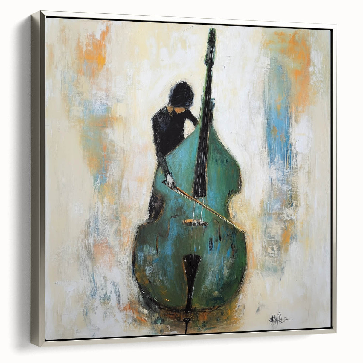 Framed abstract figurative canvas artwork with a silver frame, showcasing vibrant colors and dynamic shapes, perfect for modern home decor or art galleries.
