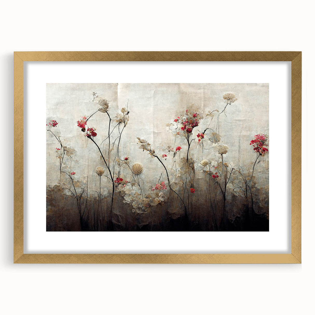 Elegant abstract floral wall art framed with a gold mat, showcasing vibrant colors and intricate designs, perfect for enhancing modern home decor.