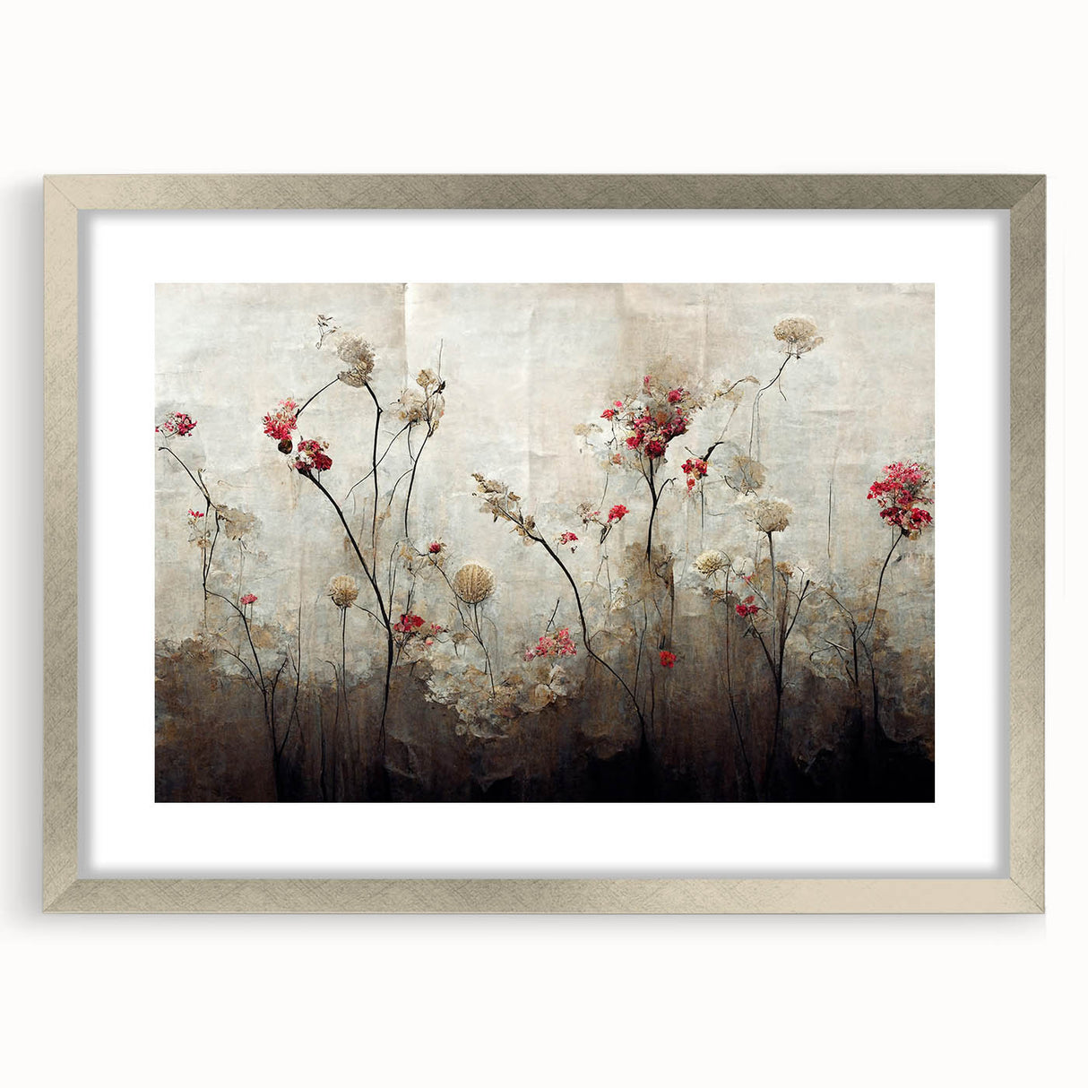 Abstract floral wall art in a silver frame with a mat, showcasing vibrant colors and intricate designs, perfect for modern home decor or office settings.