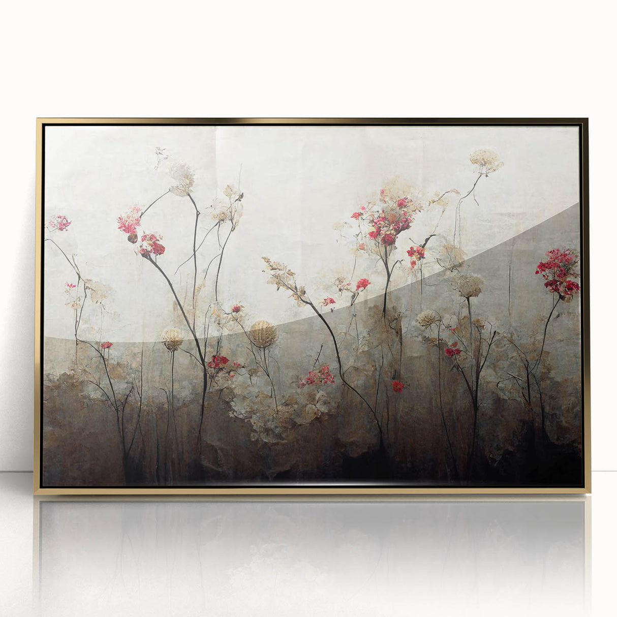 Framed abstract floral wall art in gold-acrylic, showcasing vibrant colors and intricate designs, perfect for modern home decor accents and artistic interiors.