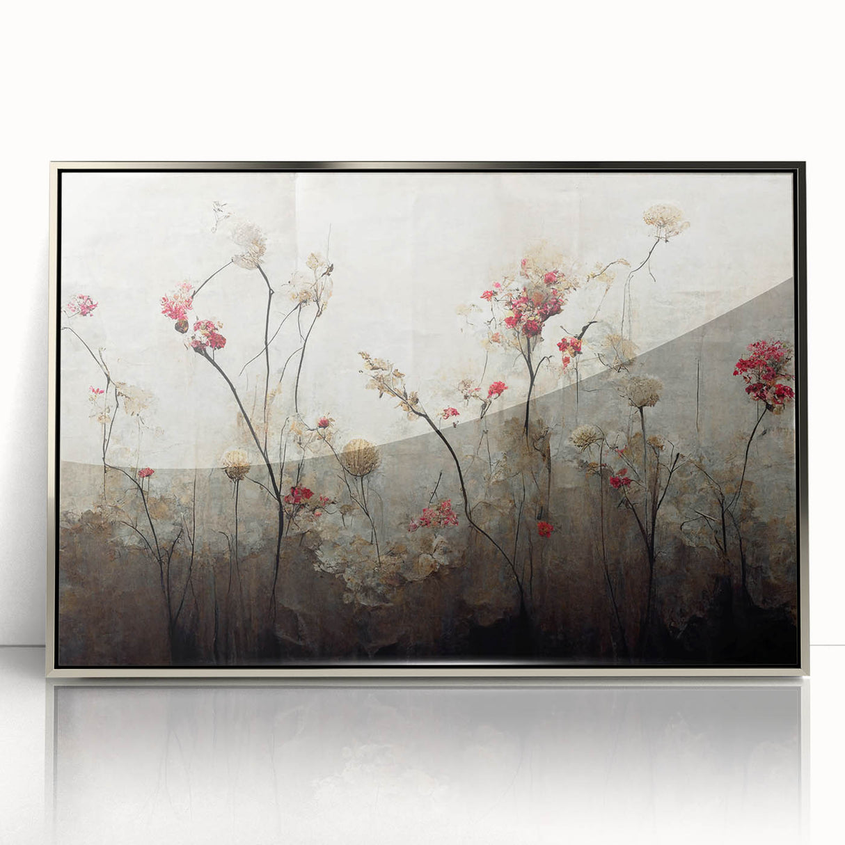 Framed abstract floral wall art in silver acrylic showcases vibrant, colorful blooms against a subtle background, perfect for modern home decor.