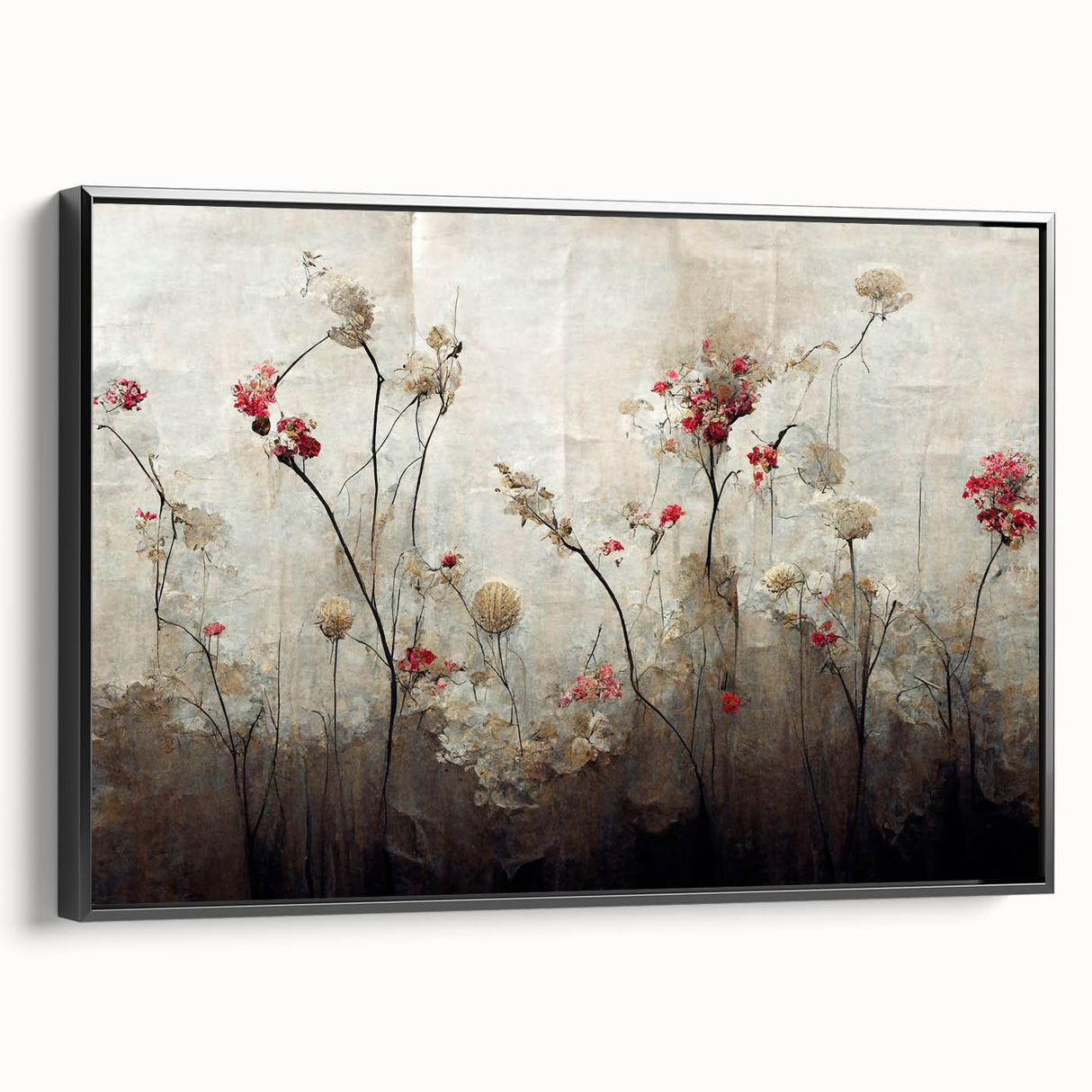 Framed canvas wall art featuring an abstract floral design with vibrant colors and intricate patterns, showcasing a stylish black frame from a side view. Perfect for modern decor.