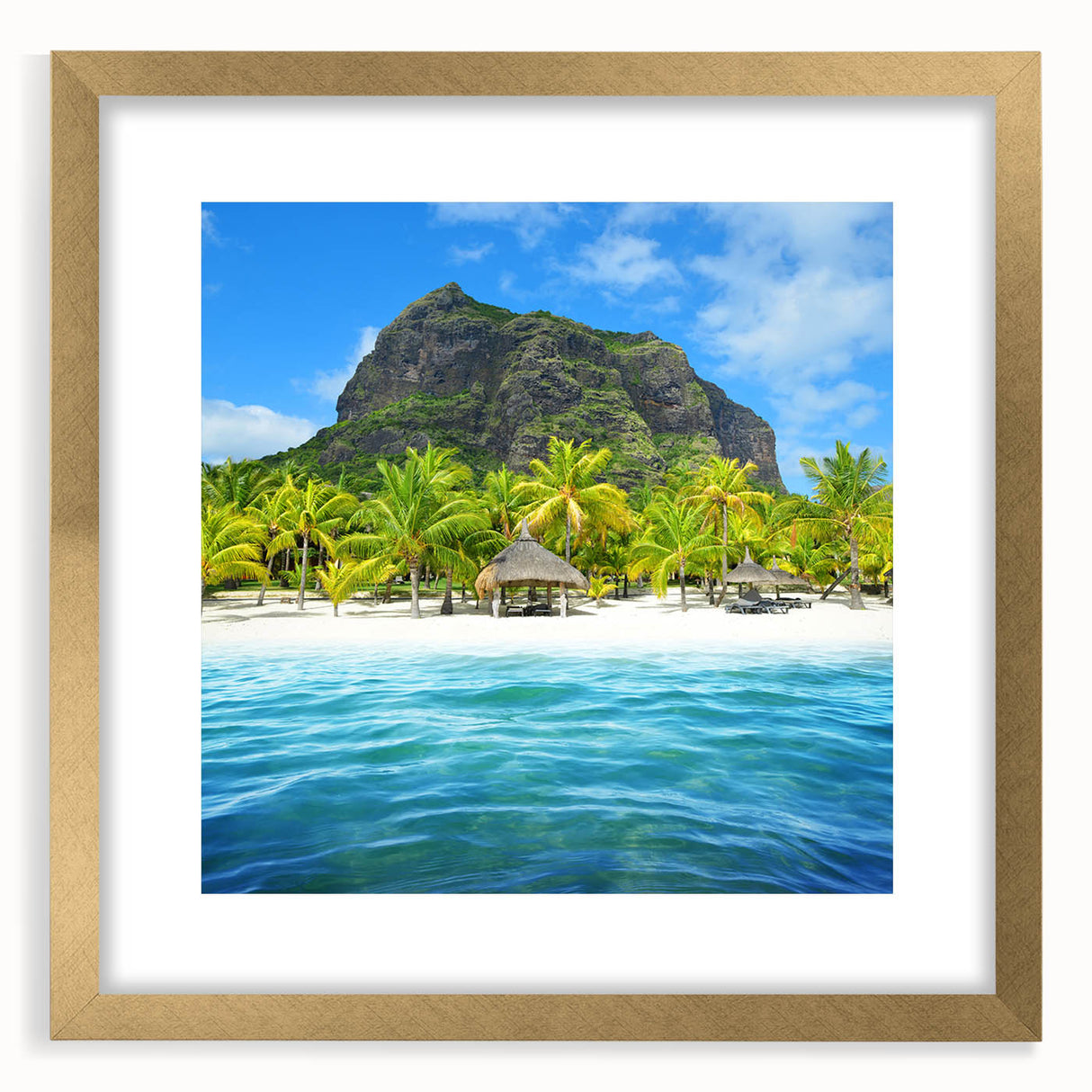 Textured abstract art print of a Mauritian landscape in muted earth tones on a framed canvas, suitable for bedroom decor.