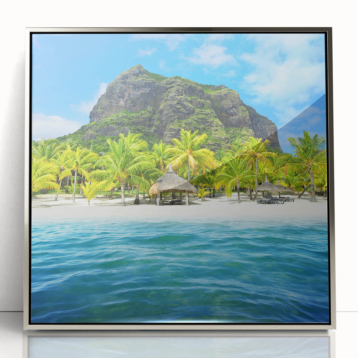 Acrylic print of a serene Mauritius landscape in silver frame, featuring art deco style, ideal for modern art wall decor.