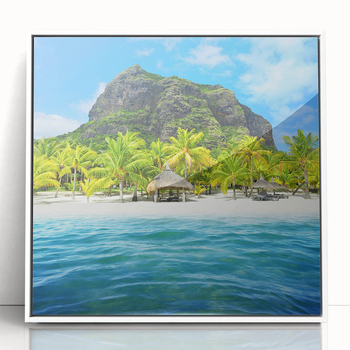 Framed acrylic print of a serene Mauritius landscape in soft blue and green tones, ideal for modern art wall decor.